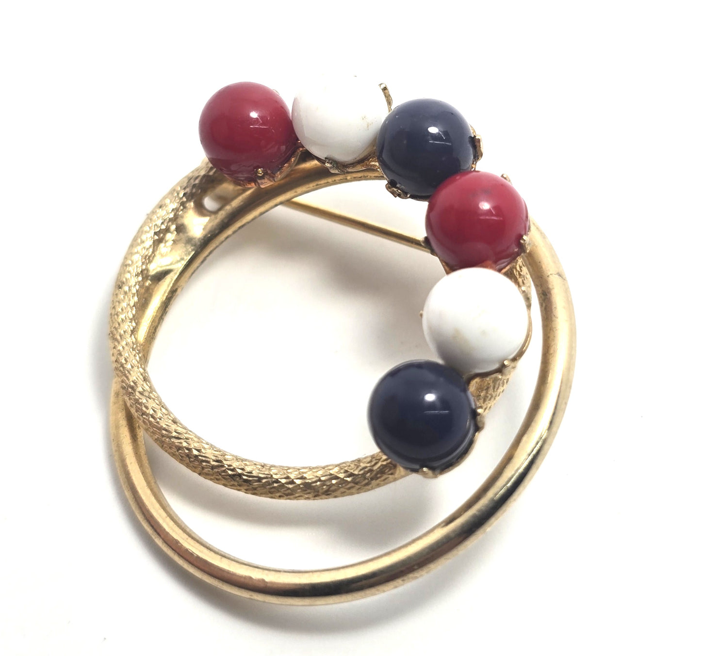 Red white and blue Patriotic Retro mid century gold toned orb brooch 4th of July