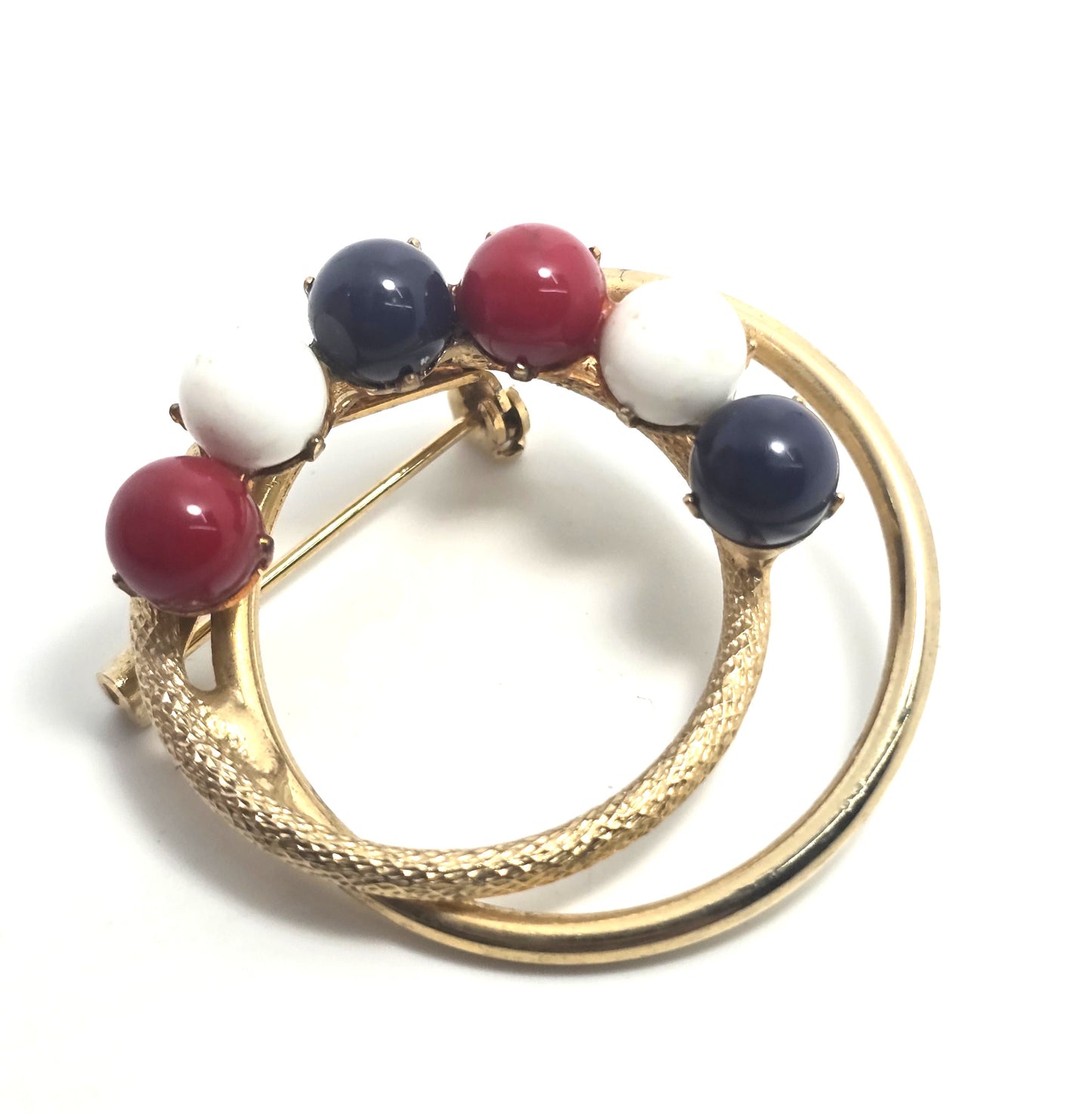 Red white and blue Patriotic Retro mid century gold toned orb brooch 4th of July