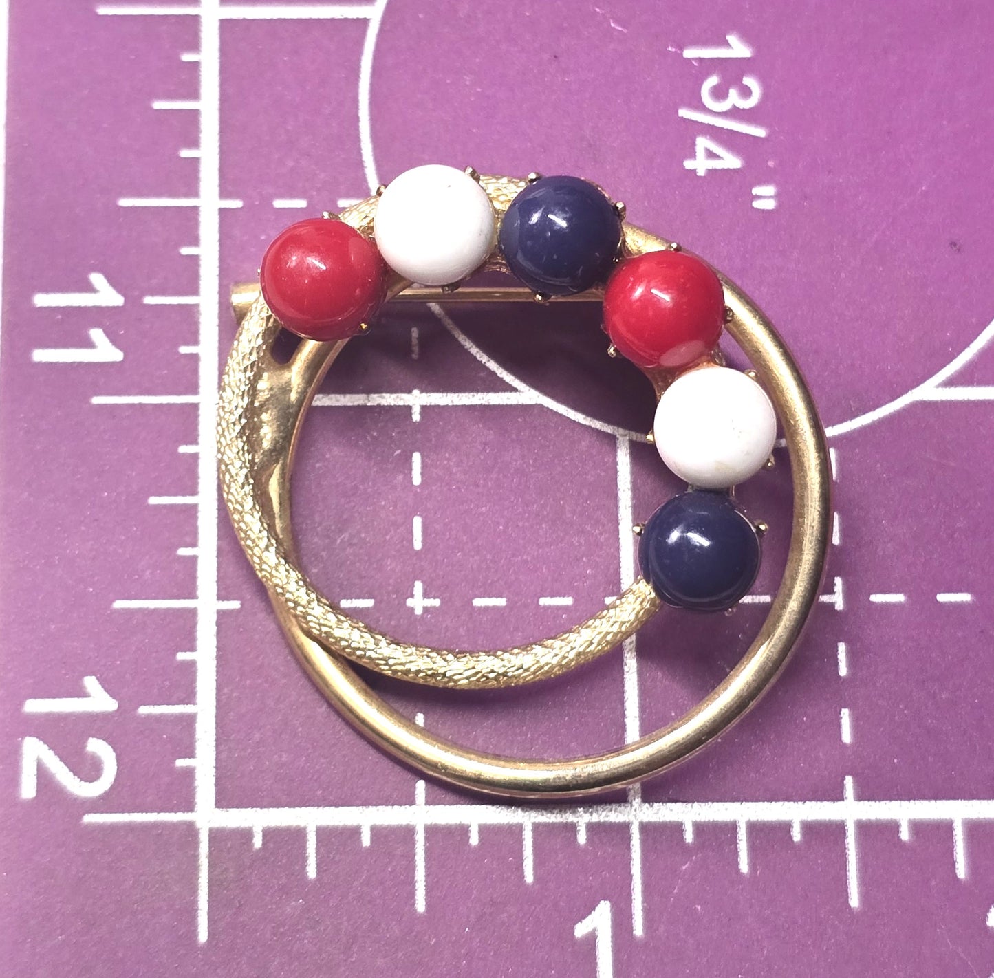 Red white and blue Patriotic Retro mid century gold toned orb brooch 4th of July