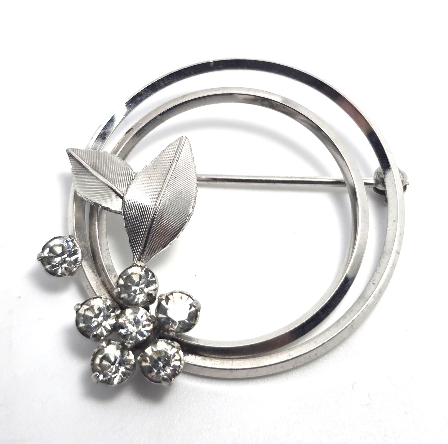 Krementz rhinestone flower silver toned vintage signed brooch