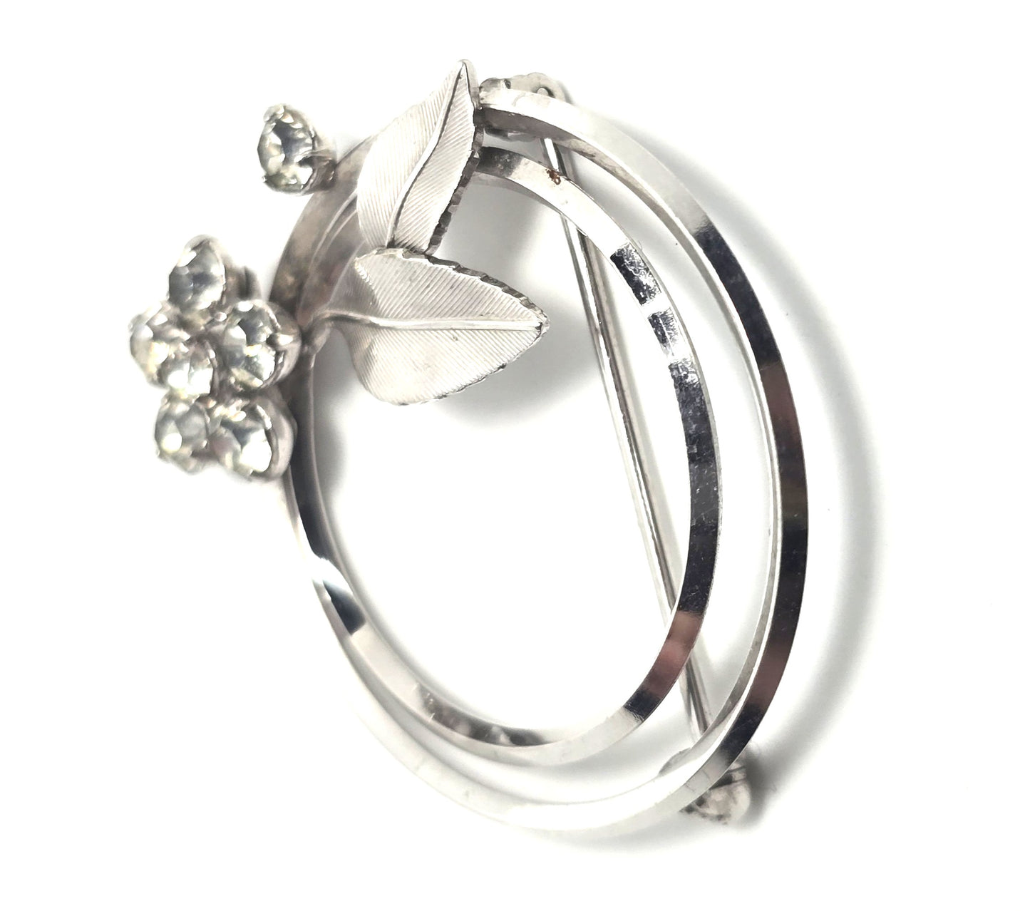 Krementz rhinestone flower silver toned vintage signed brooch