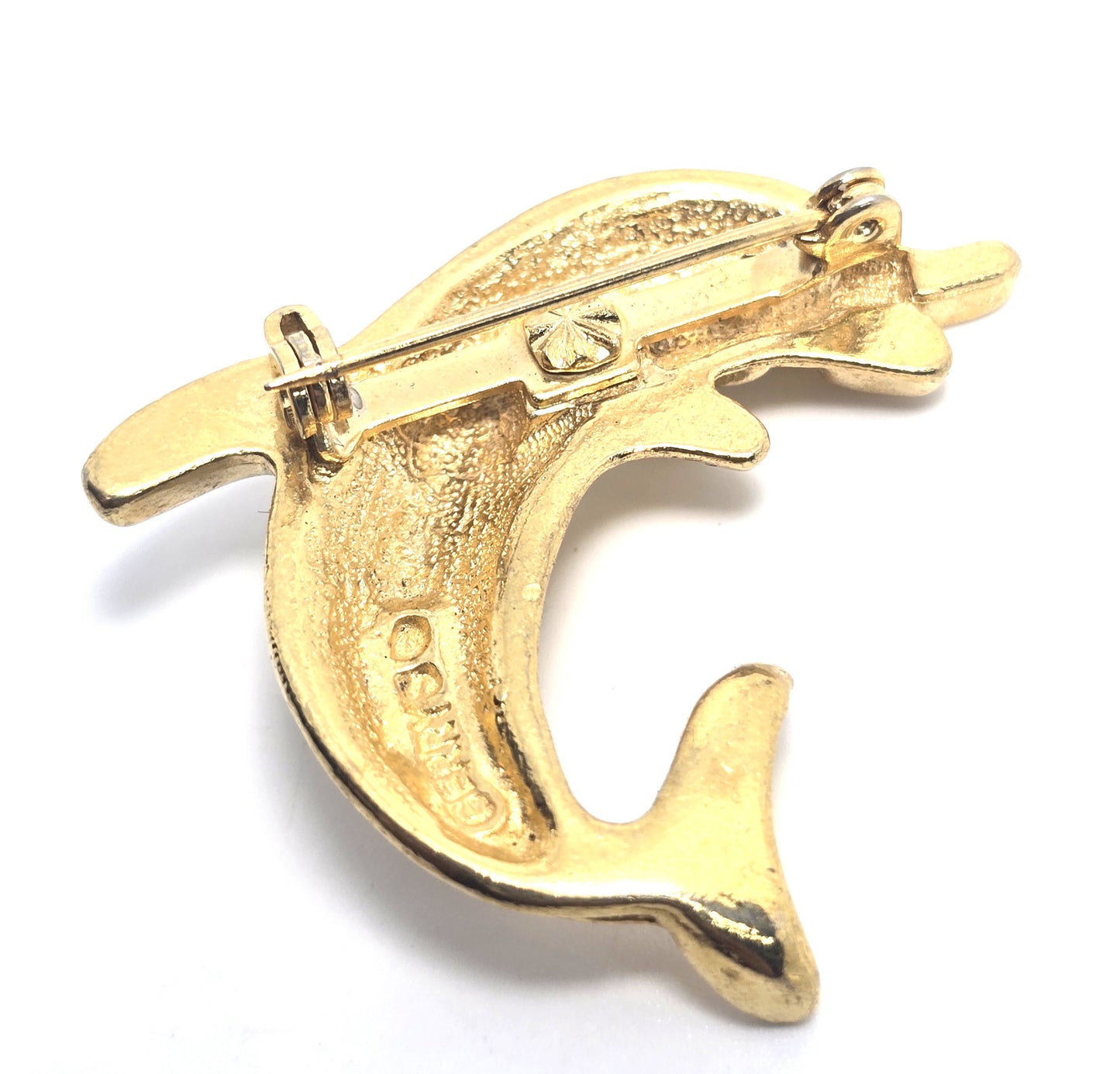 Gerry's Dolphin blue rhinestone gold toned vintage signed brooch