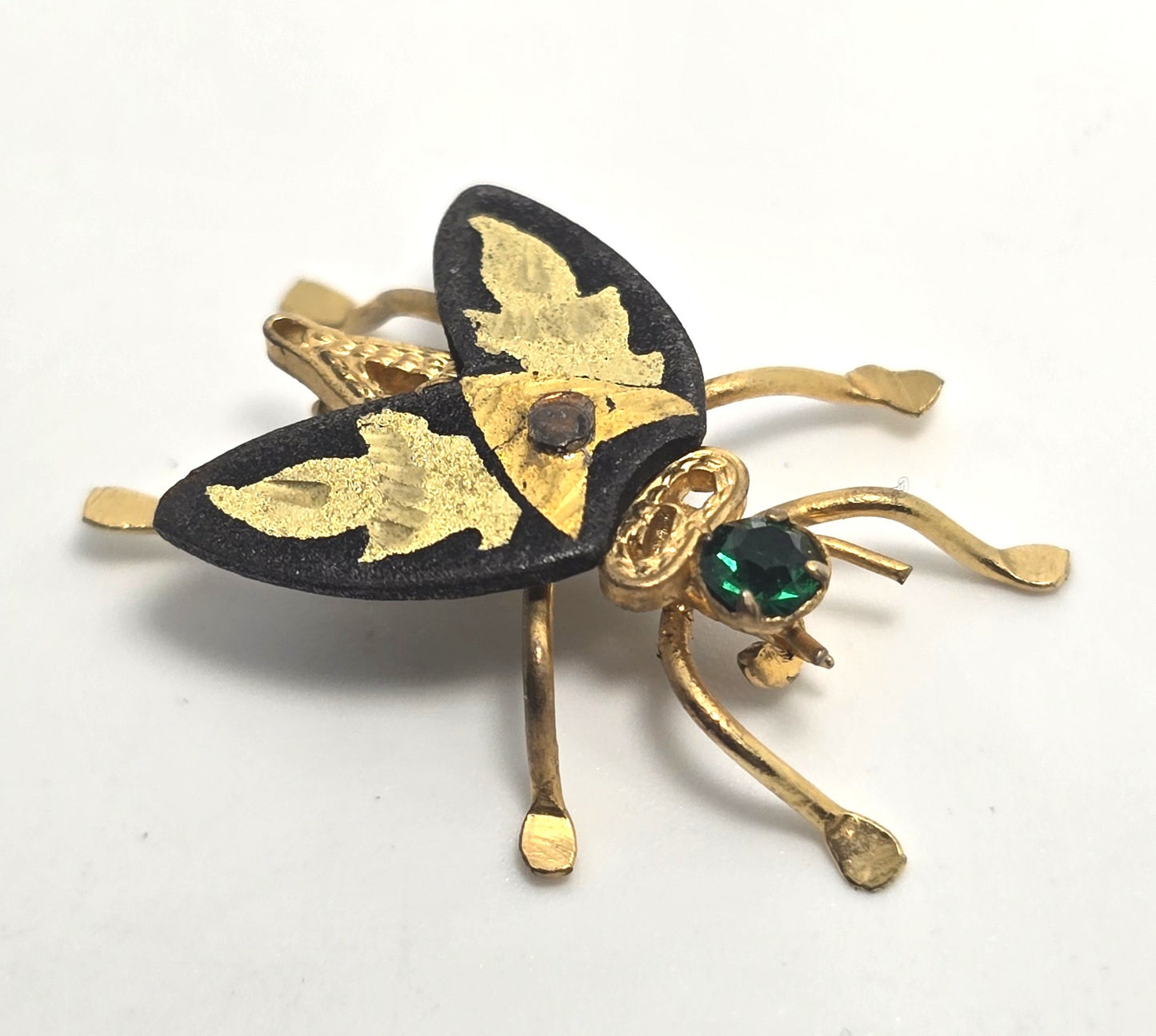Spanish Damascene fly bug insect figural vintage gold toned brooch pin