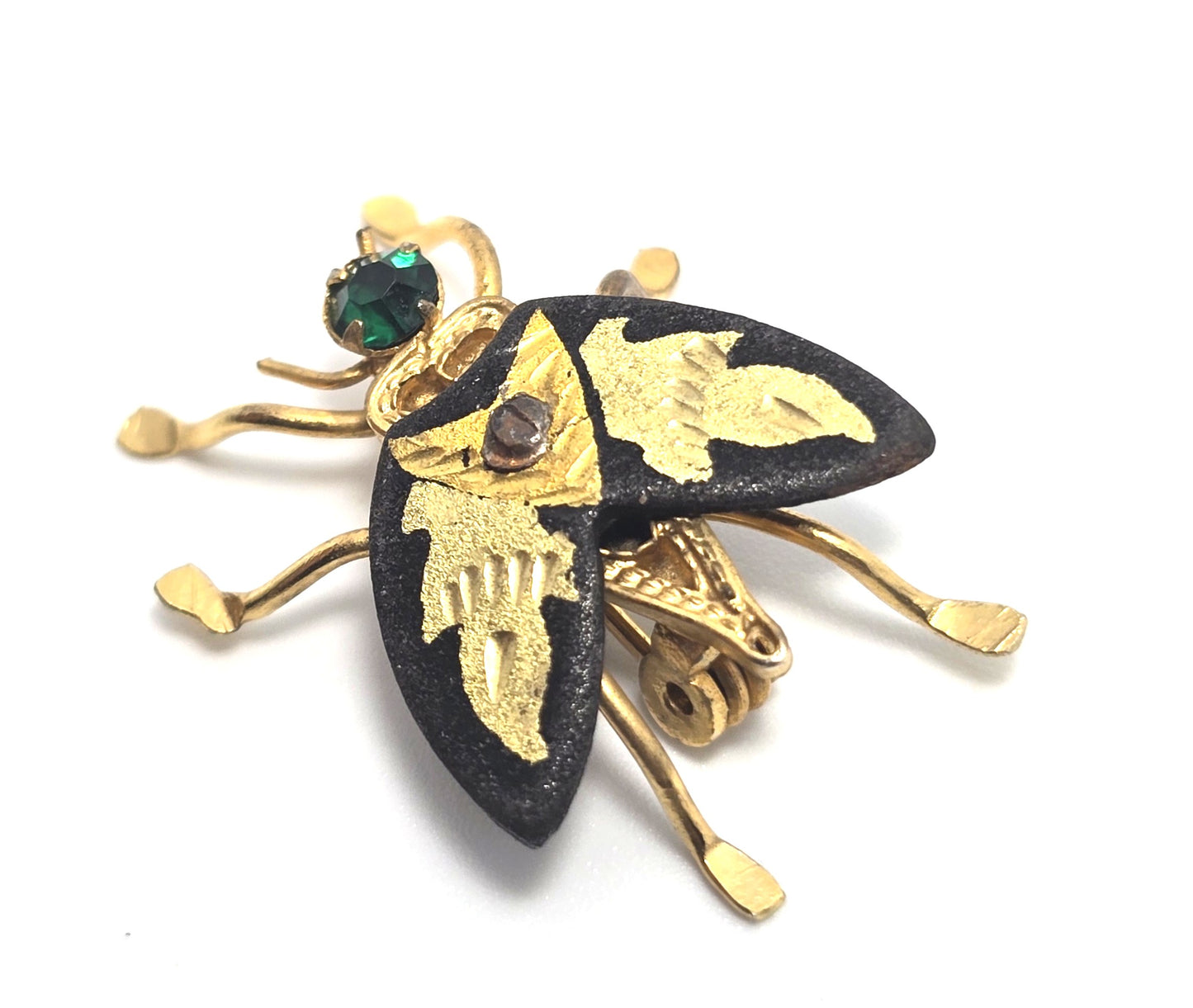 Spanish Damascene fly bug insect figural vintage gold toned brooch pin