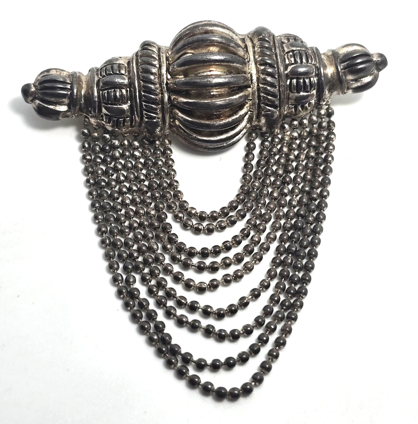 Festoon beaded swag chain silver toned vintage brooch