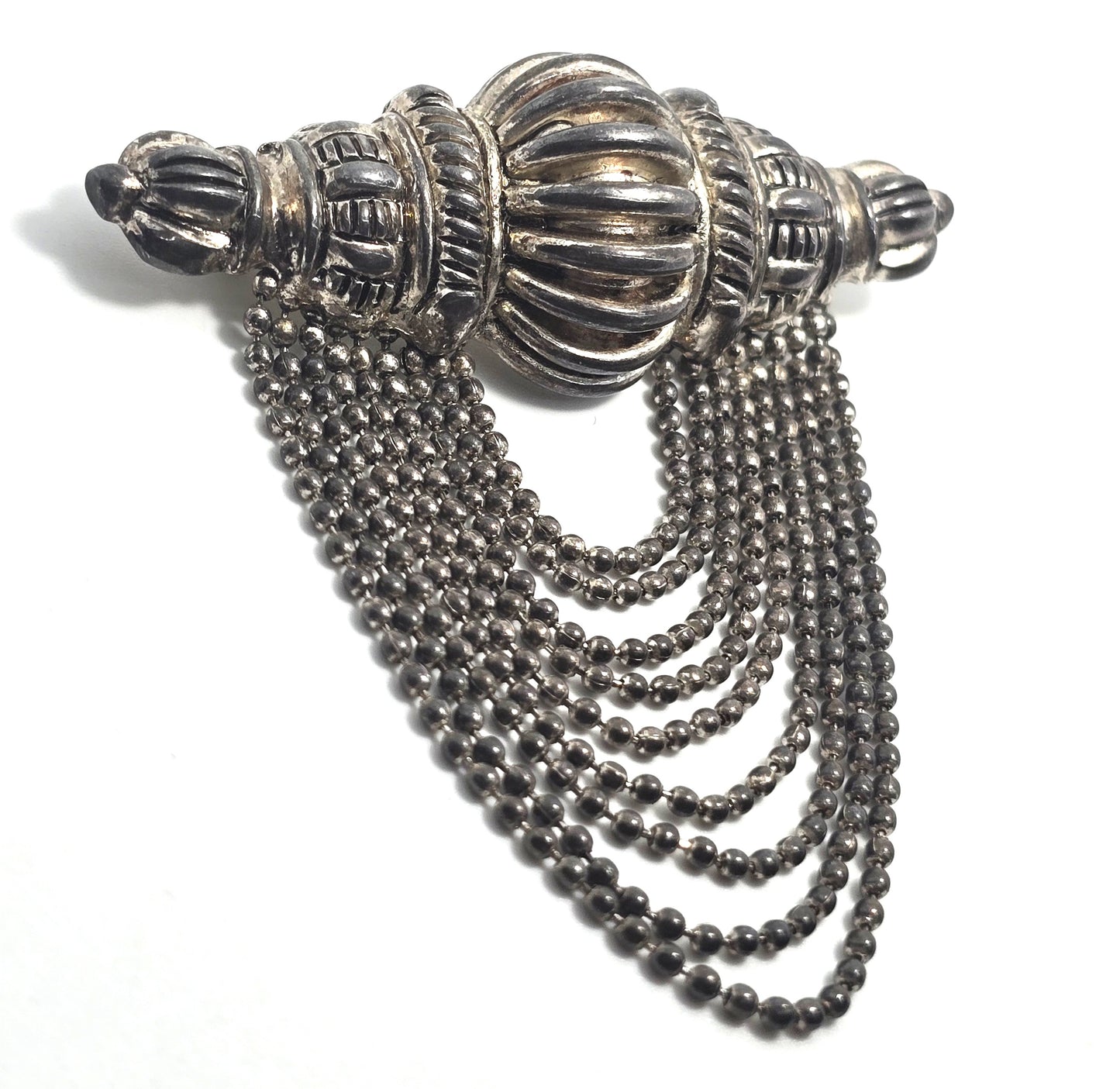 Festoon beaded swag chain silver toned vintage brooch