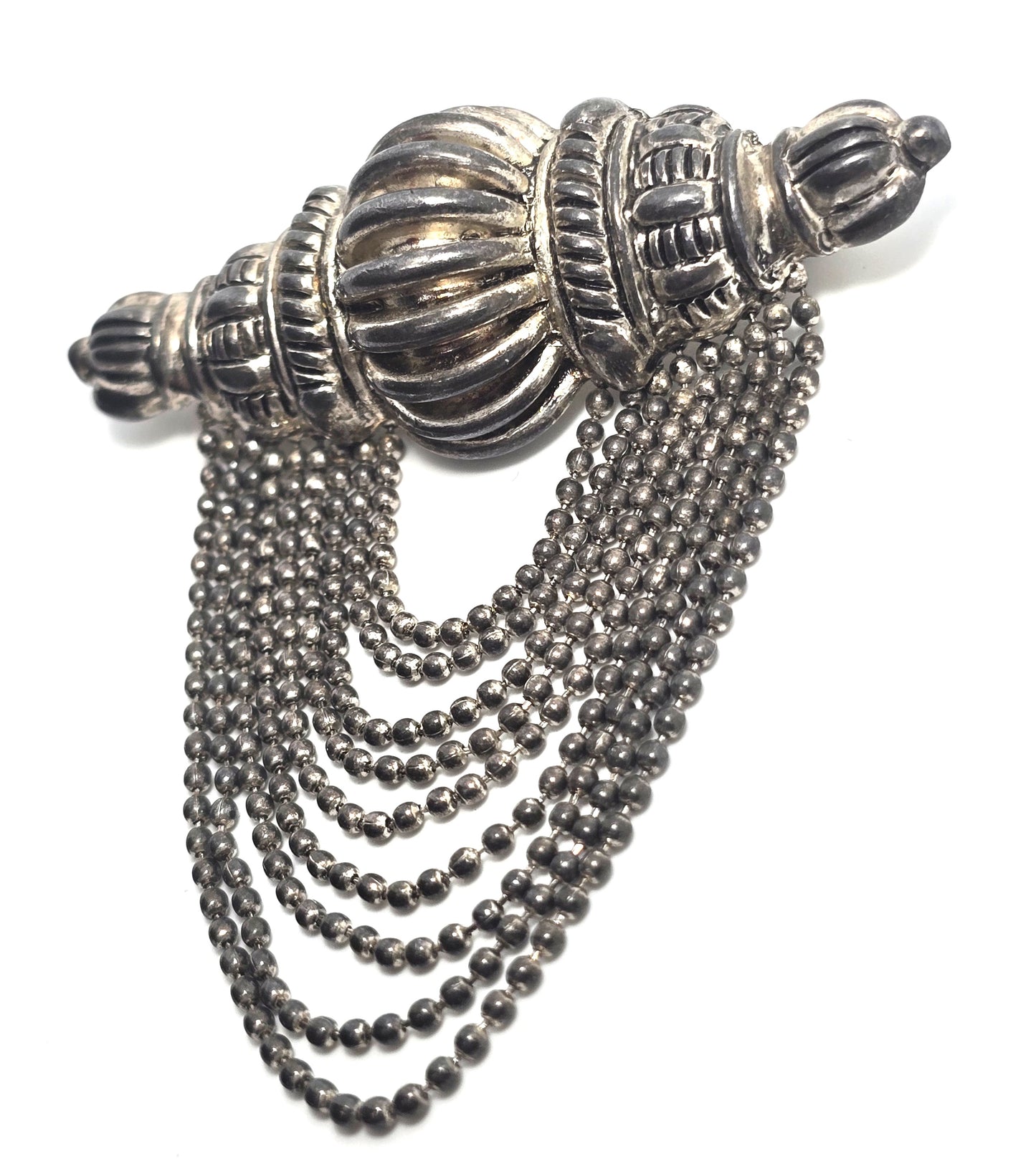 Festoon beaded swag chain silver toned vintage brooch