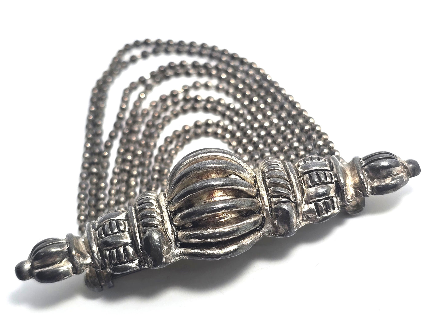 Festoon beaded swag chain silver toned vintage brooch