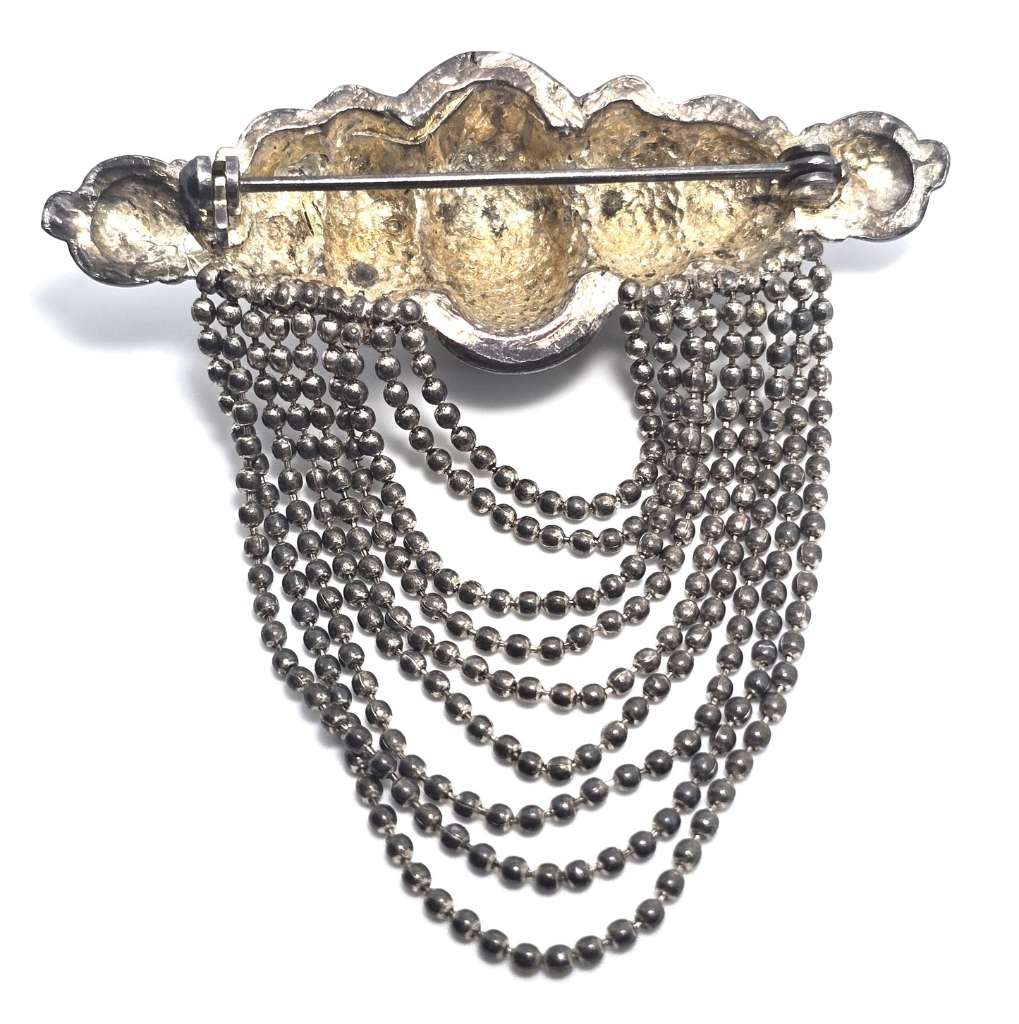 Festoon beaded swag chain silver toned vintage brooch