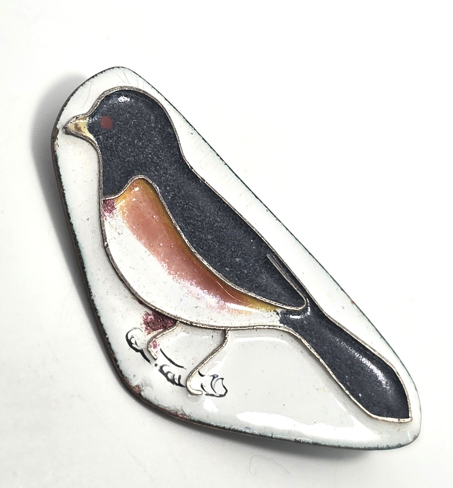 Towhee bird copper on enamel vintage artisan Chris handcrafted brooch
