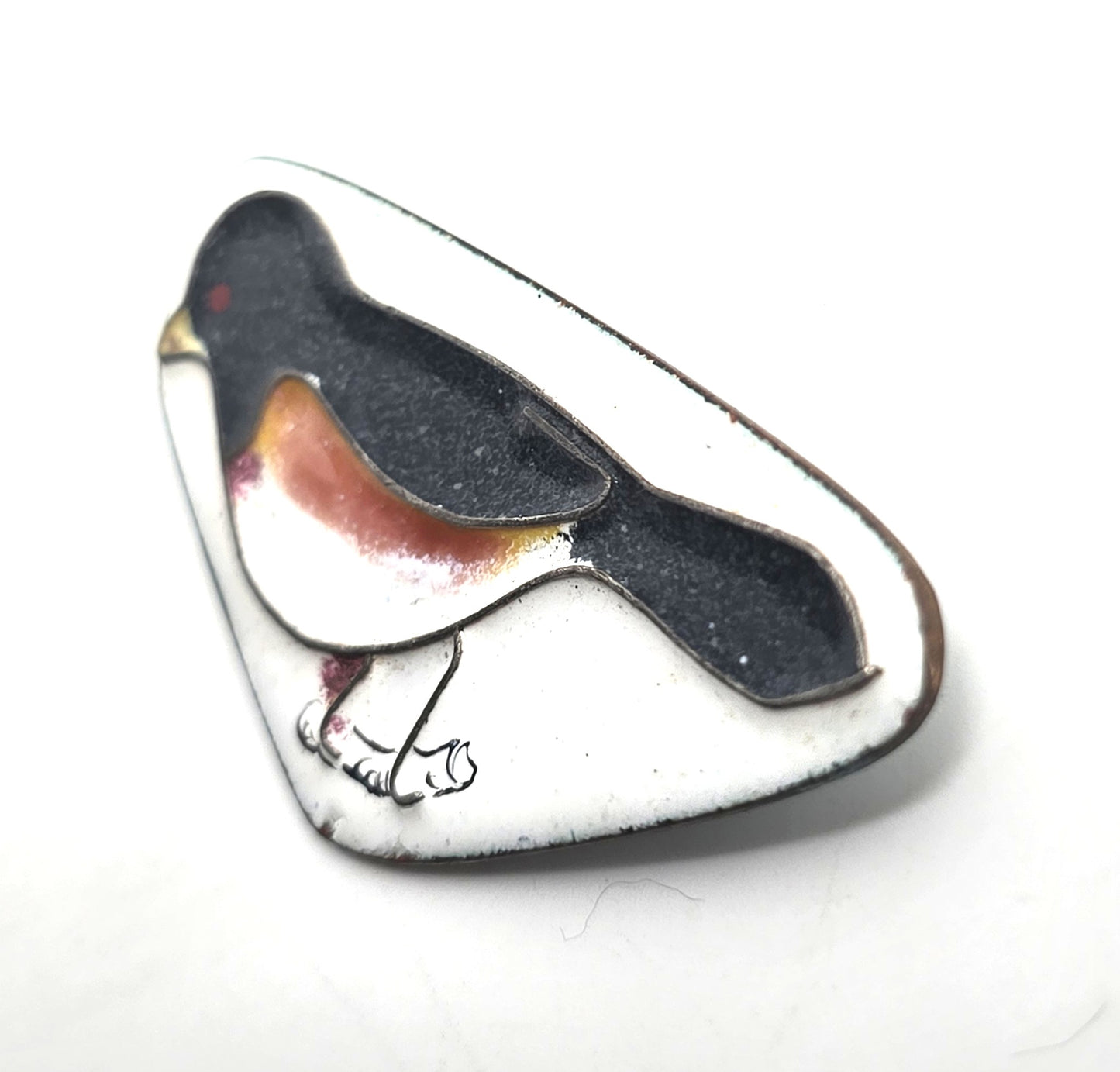 Towhee bird copper on enamel vintage artisan Chris handcrafted brooch
