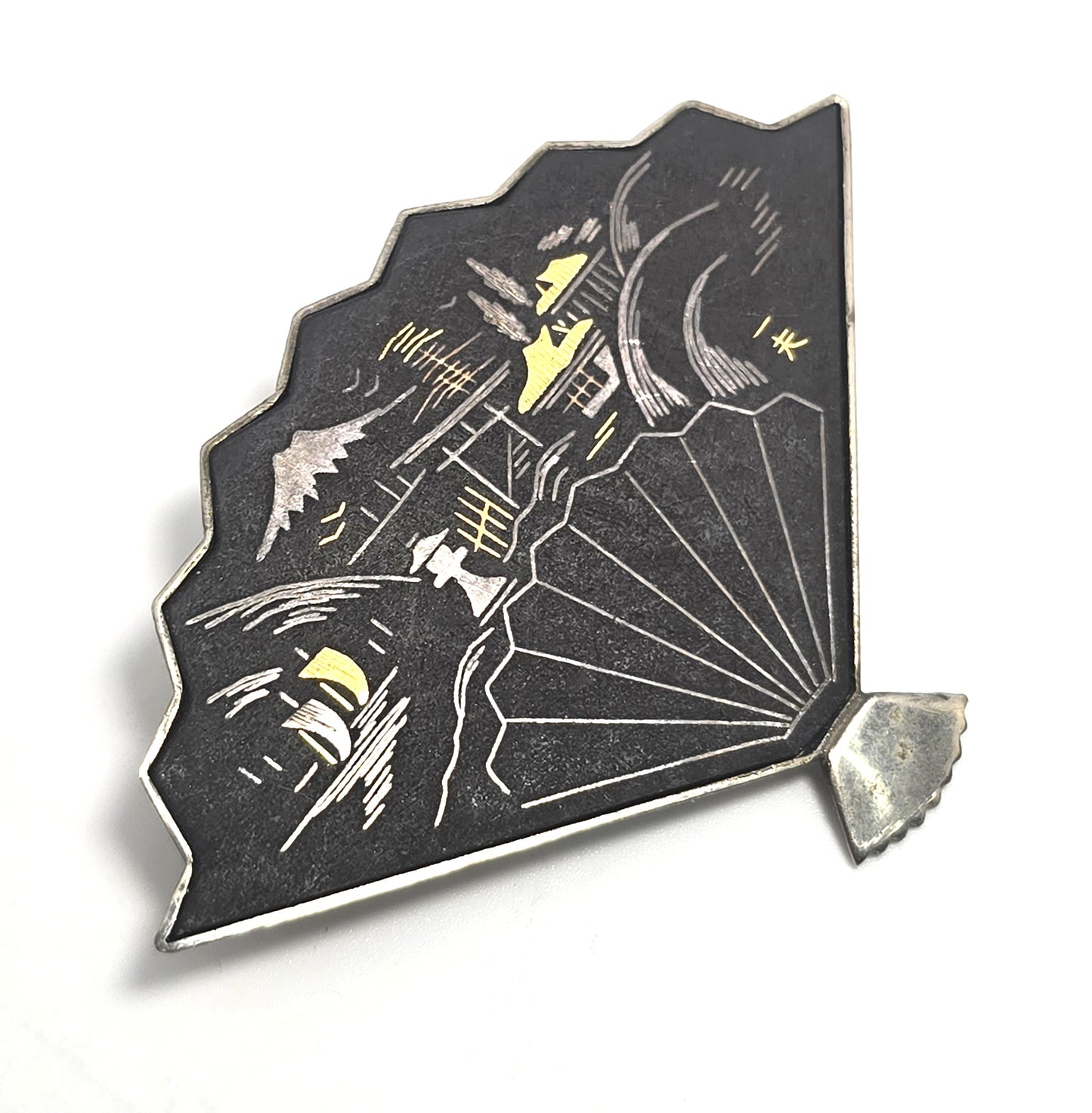 Japanese Damascene fan vintage gold etched fan brooch signed Japan