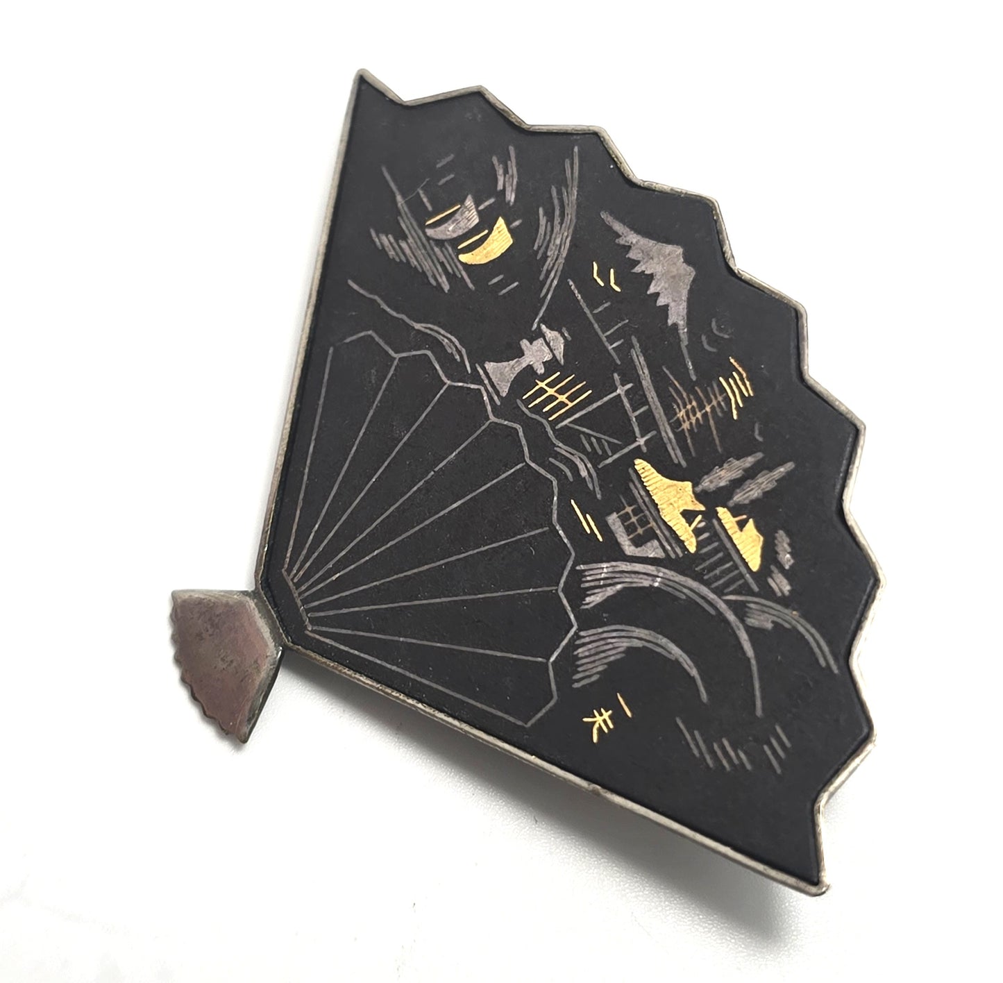 Japanese Damascene fan vintage gold etched fan brooch signed Japan