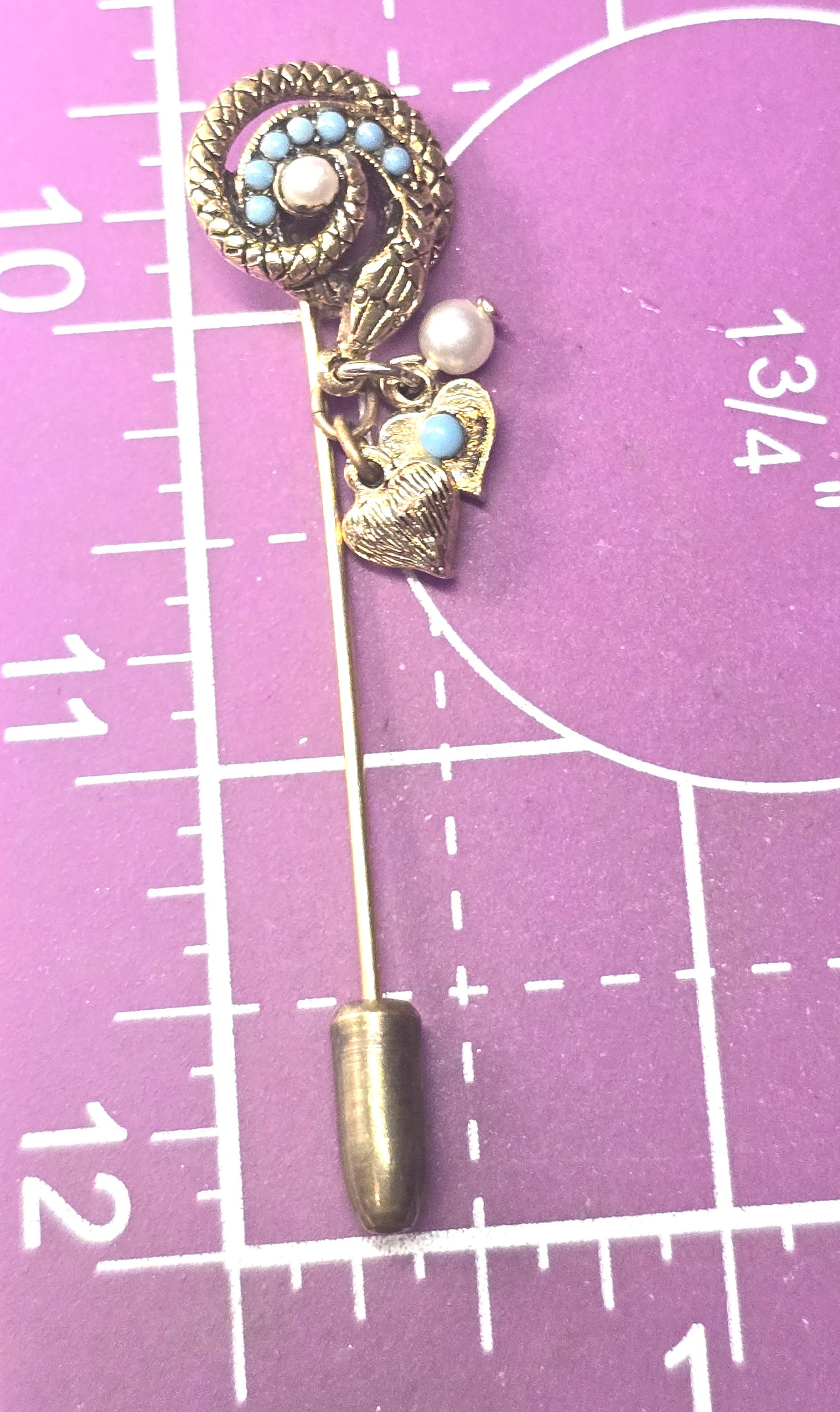 Turquoise Blue Ballotini Faux Pearl Heart Charm Snake Serpent vintage Stick Pin