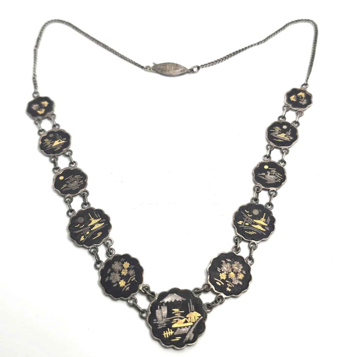 Japanese Damascene etched sterling silver vintage necklace Amita jewelry Mount Fuji