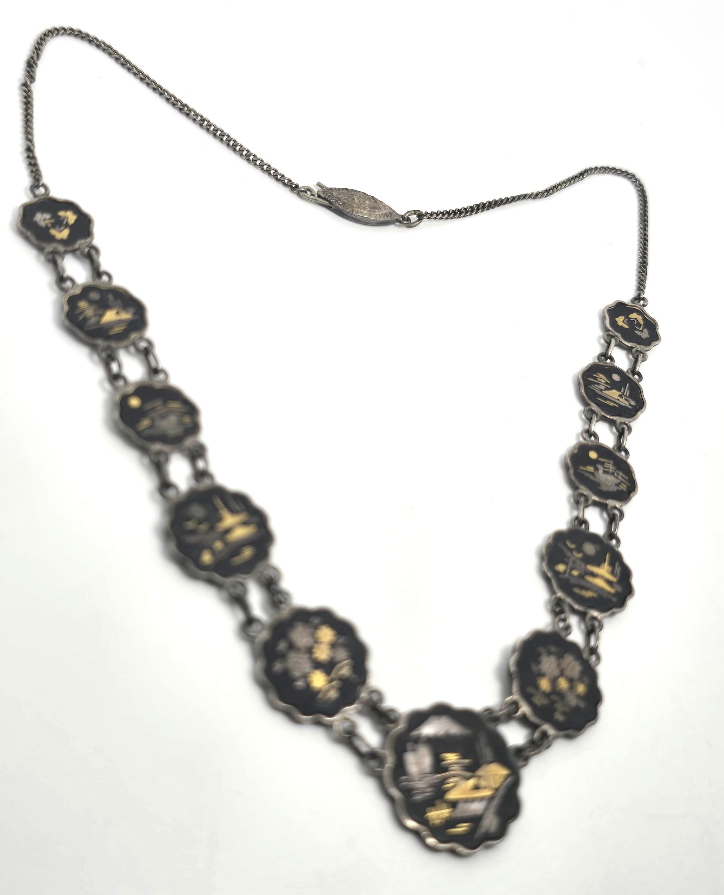 Japanese Damascene etched sterling silver vintage necklace Amita jewelry Mount Fuji