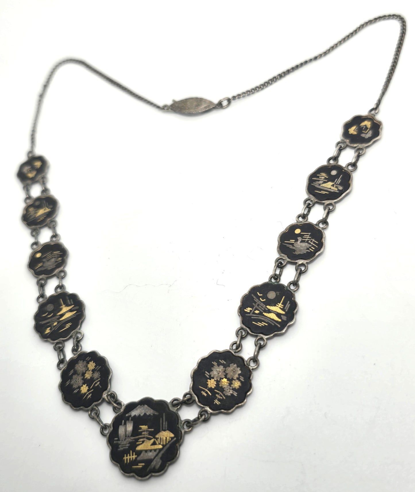 Japanese Damascene etched sterling silver vintage necklace Amita jewelry Mount Fuji