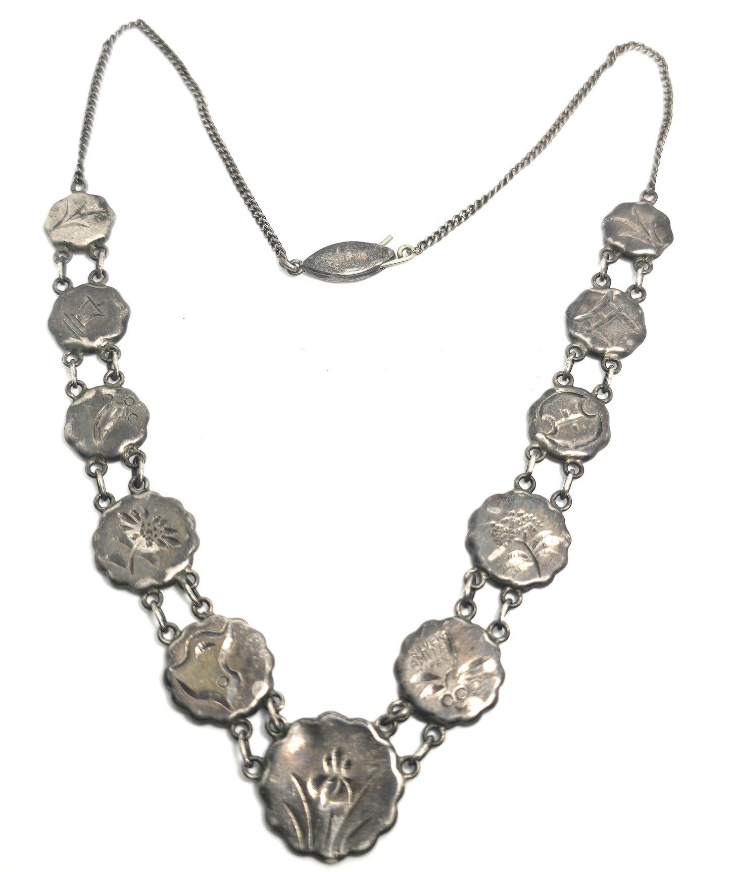 Japanese Damascene etched sterling silver vintage necklace Amita jewelry Mount Fuji
