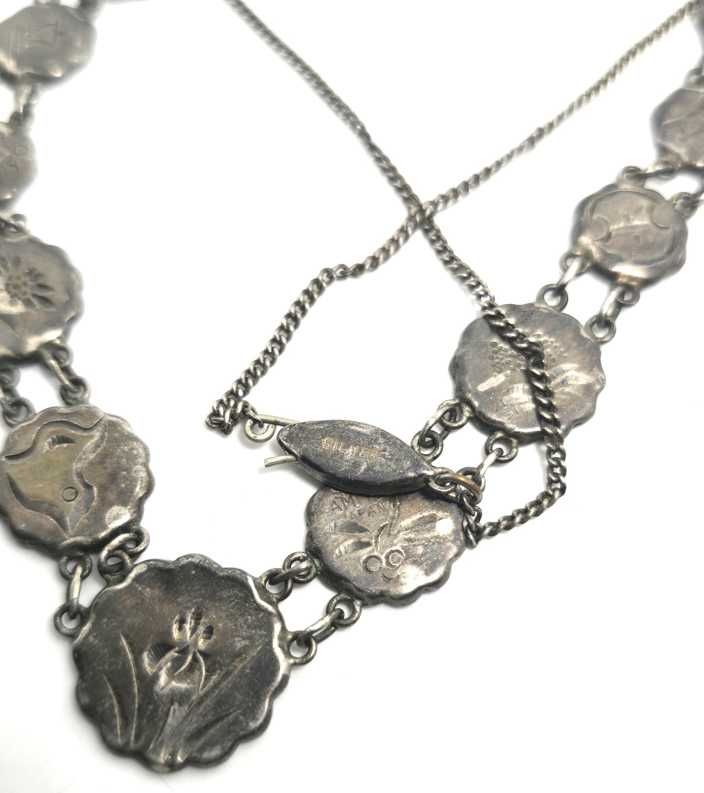 Japanese Damascene etched sterling silver vintage necklace Amita jewelry Mount Fuji