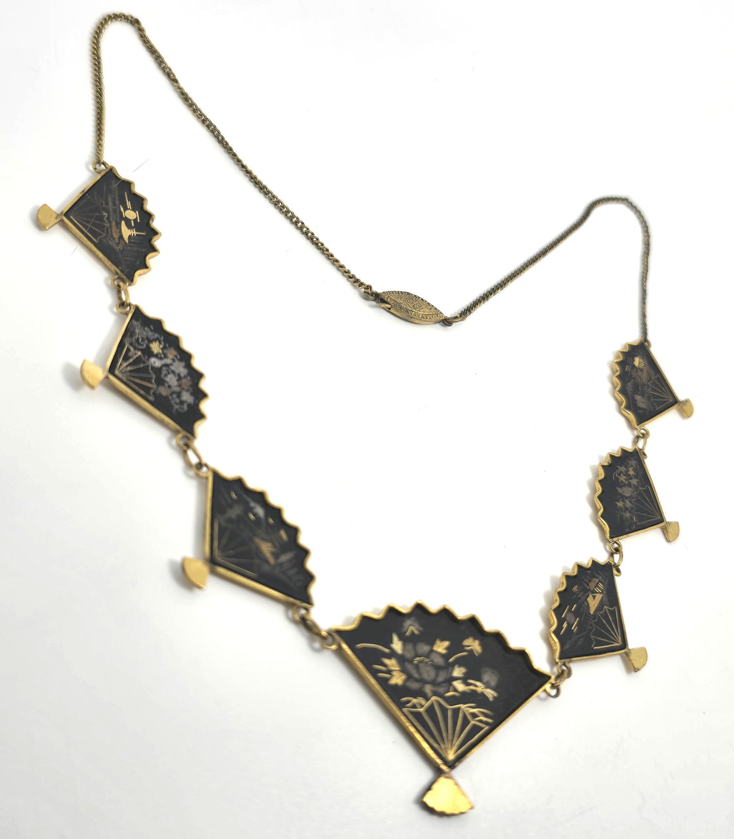 Japanese Damascene etched gold filled vintage necklace Amita jewelry Mount Fuji