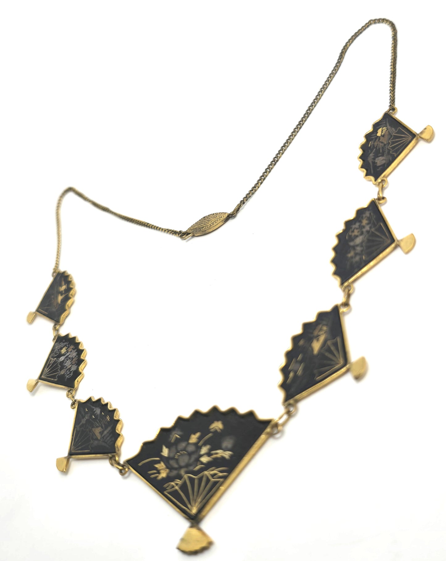 Japanese Damascene etched gold filled vintage necklace Amita jewelry Mount Fuji