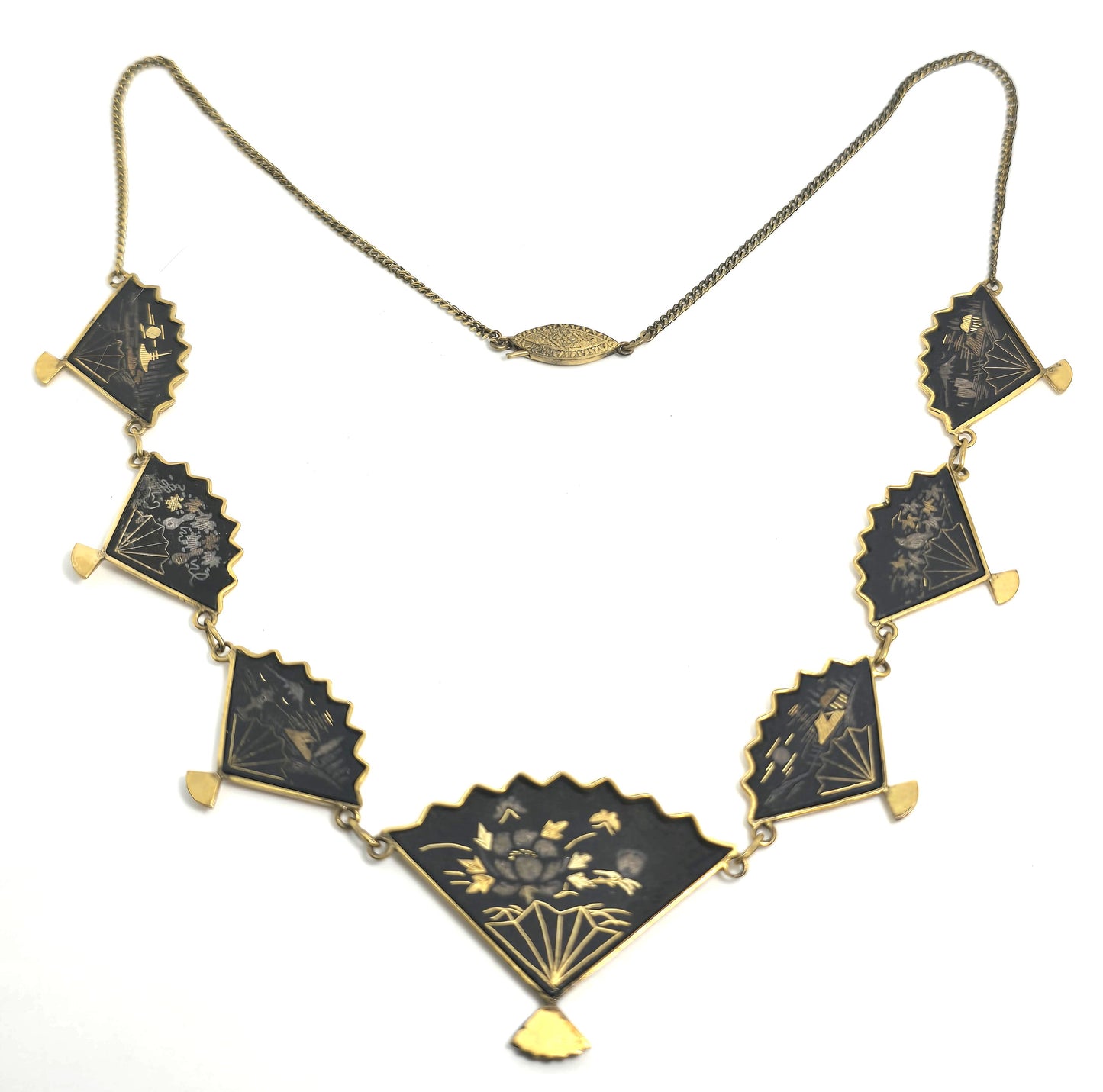 Japanese Damascene etched gold filled vintage necklace Amita jewelry Mount Fuji