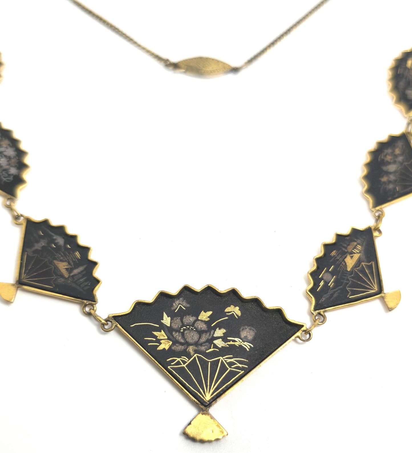 Japanese Damascene etched gold filled vintage necklace Amita jewelry Mount Fuji