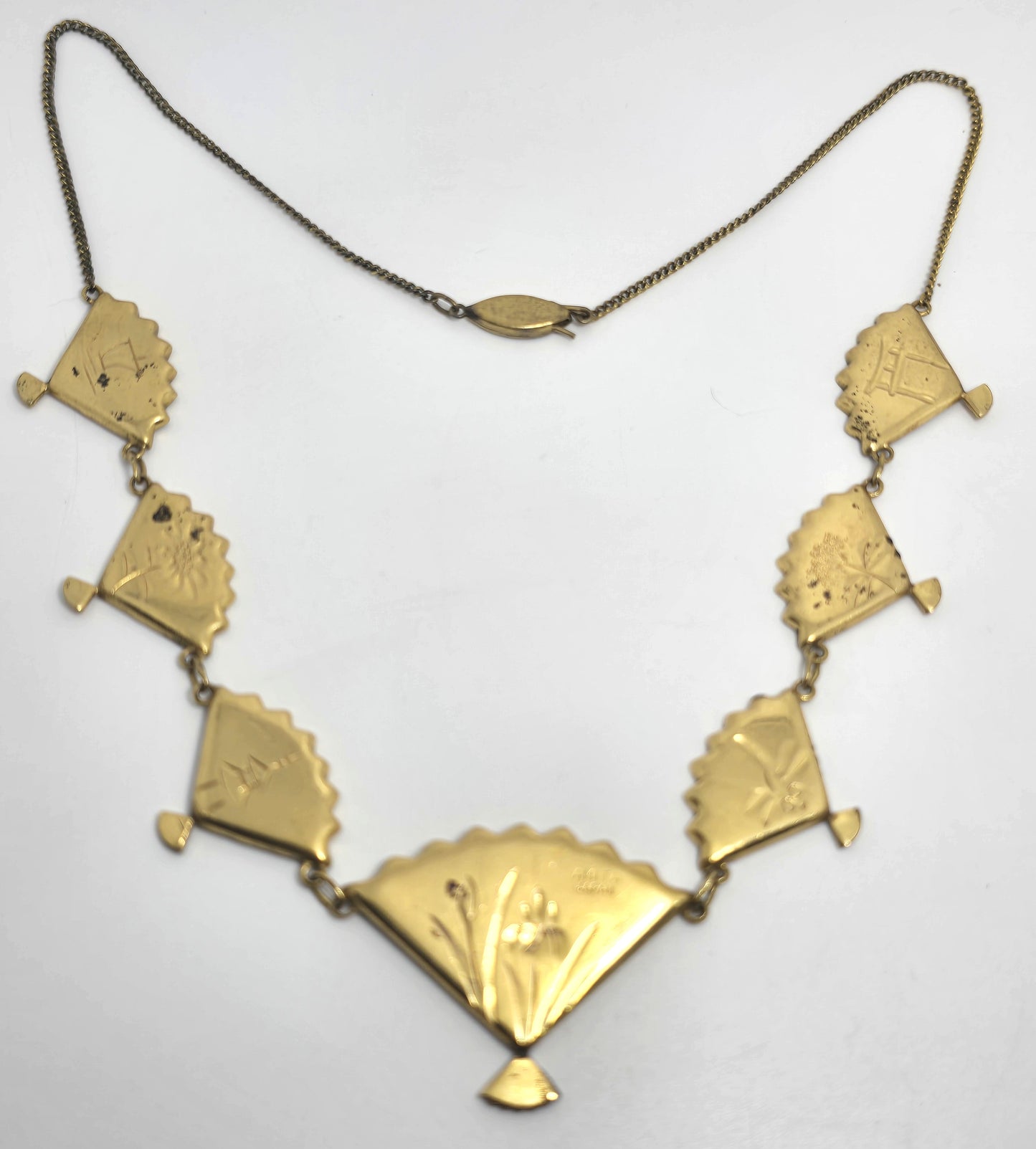 Japanese Damascene etched gold filled vintage necklace Amita jewelry Mount Fuji