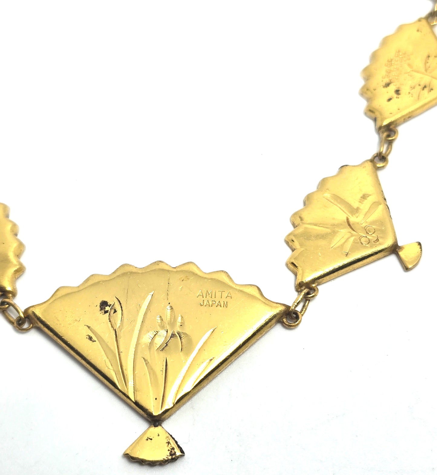 Japanese Damascene etched gold filled vintage necklace Amita jewelry Mount Fuji