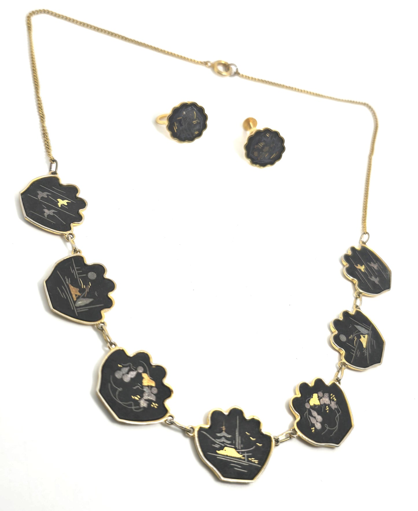 Japanese Damascene etched gold filled vintage necklace earrings Amita jewelry set