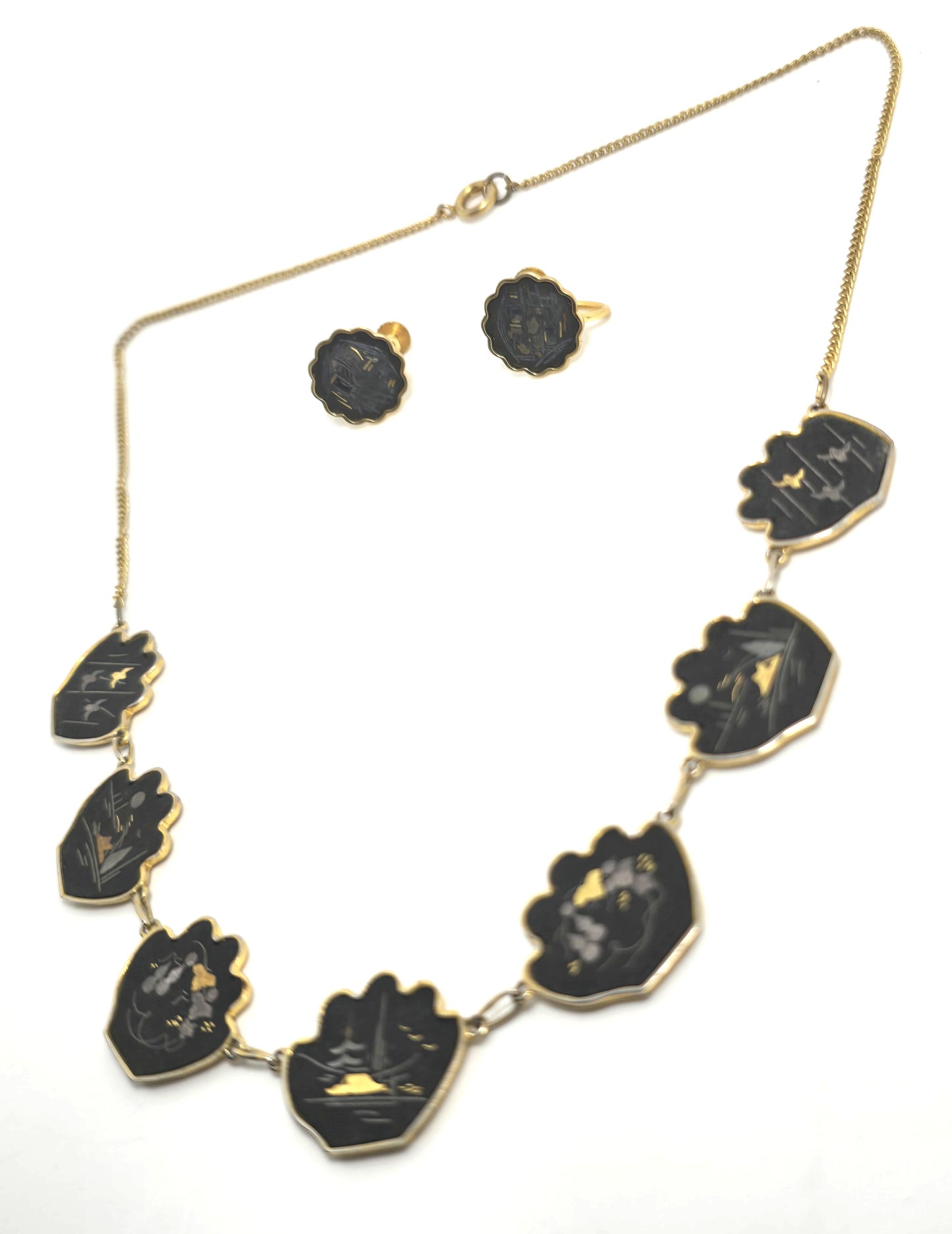 Japanese Damascene etched gold filled vintage necklace earrings Amita jewelry set