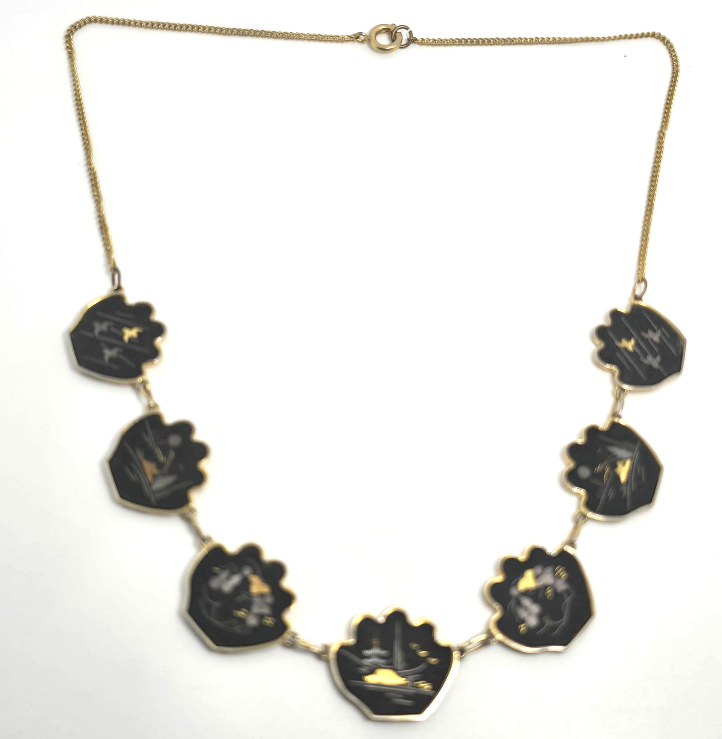 Japanese Damascene etched gold filled vintage necklace earrings Amita jewelry set