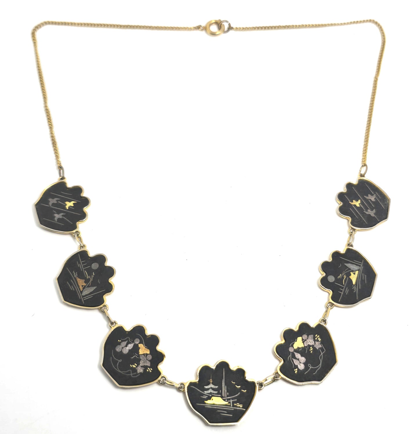 Japanese Damascene etched gold filled vintage necklace earrings Amita jewelry set