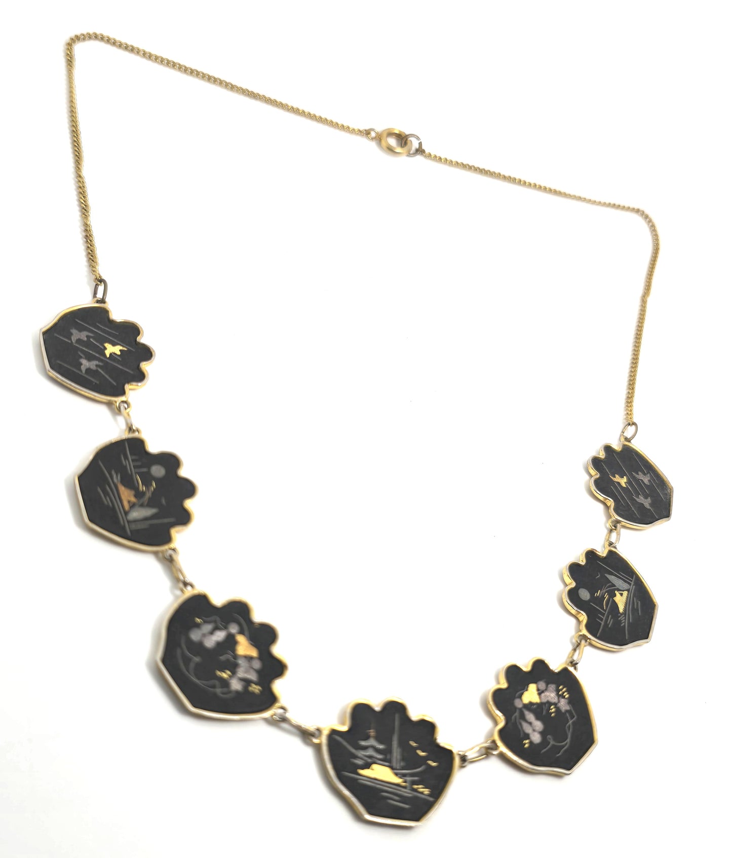 Japanese Damascene etched gold filled vintage necklace earrings Amita jewelry set