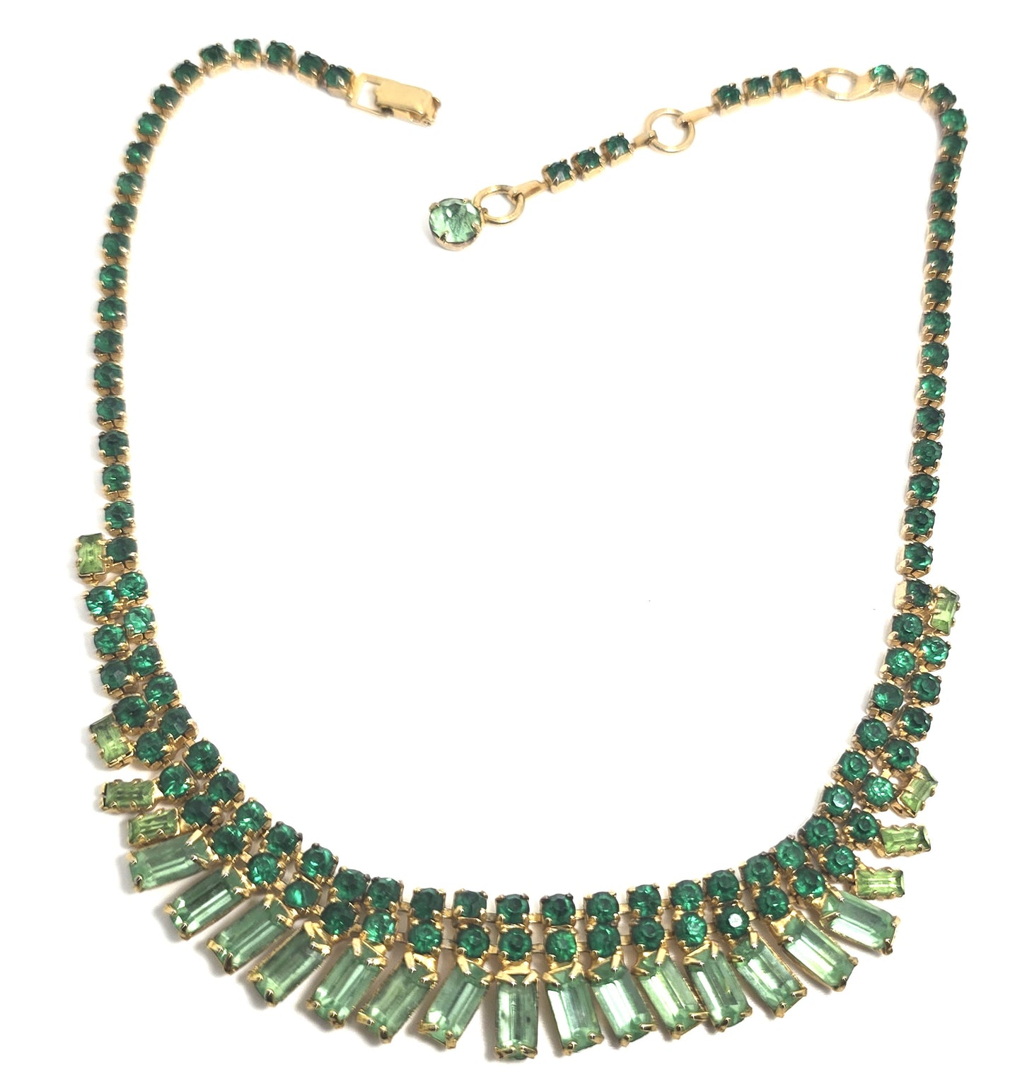 Continental Deep green and Uranium Glass rhinestone vintage m d century Necklace
