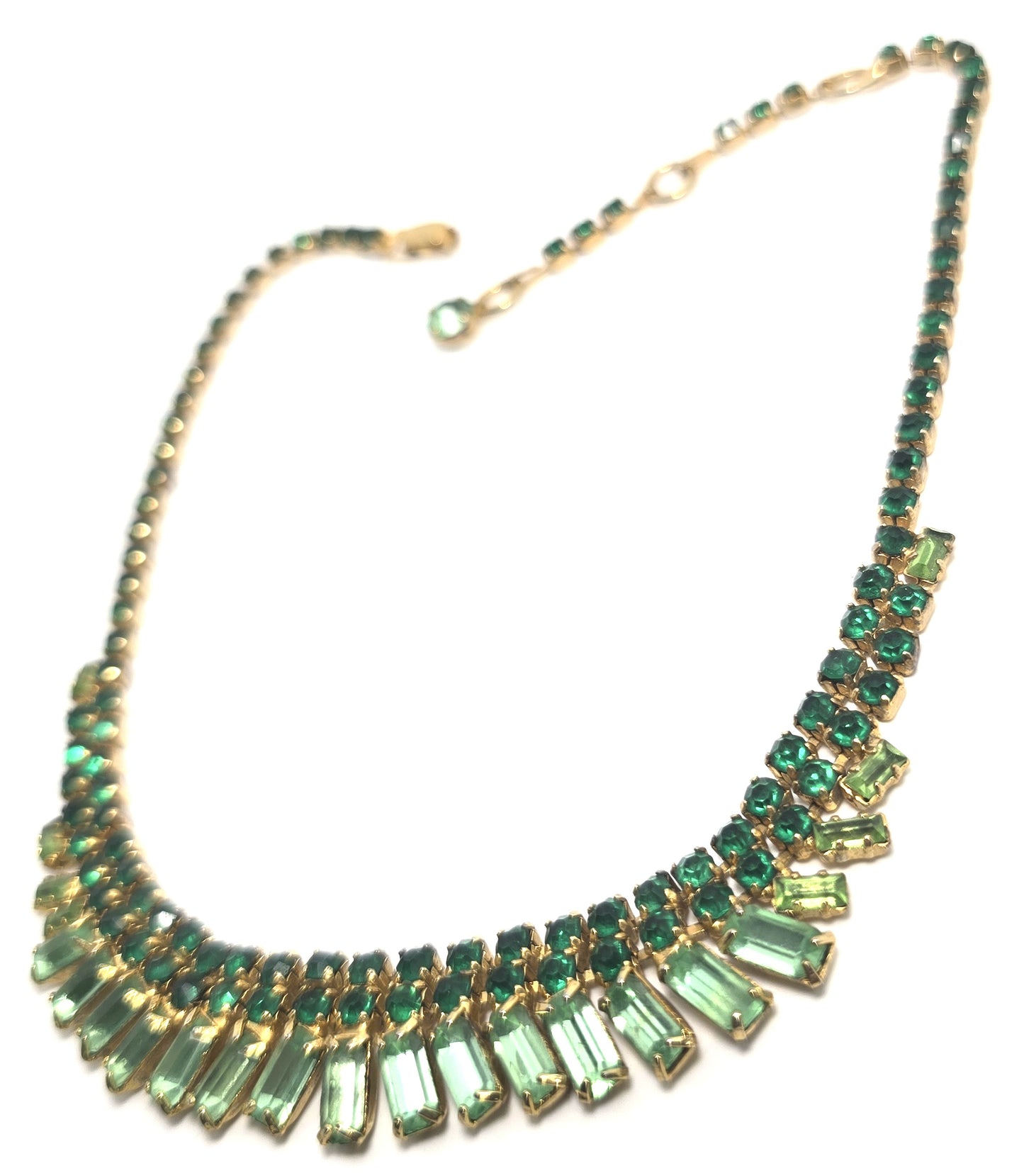 Continental Deep green and Uranium Glass rhinestone vintage m d century Necklace