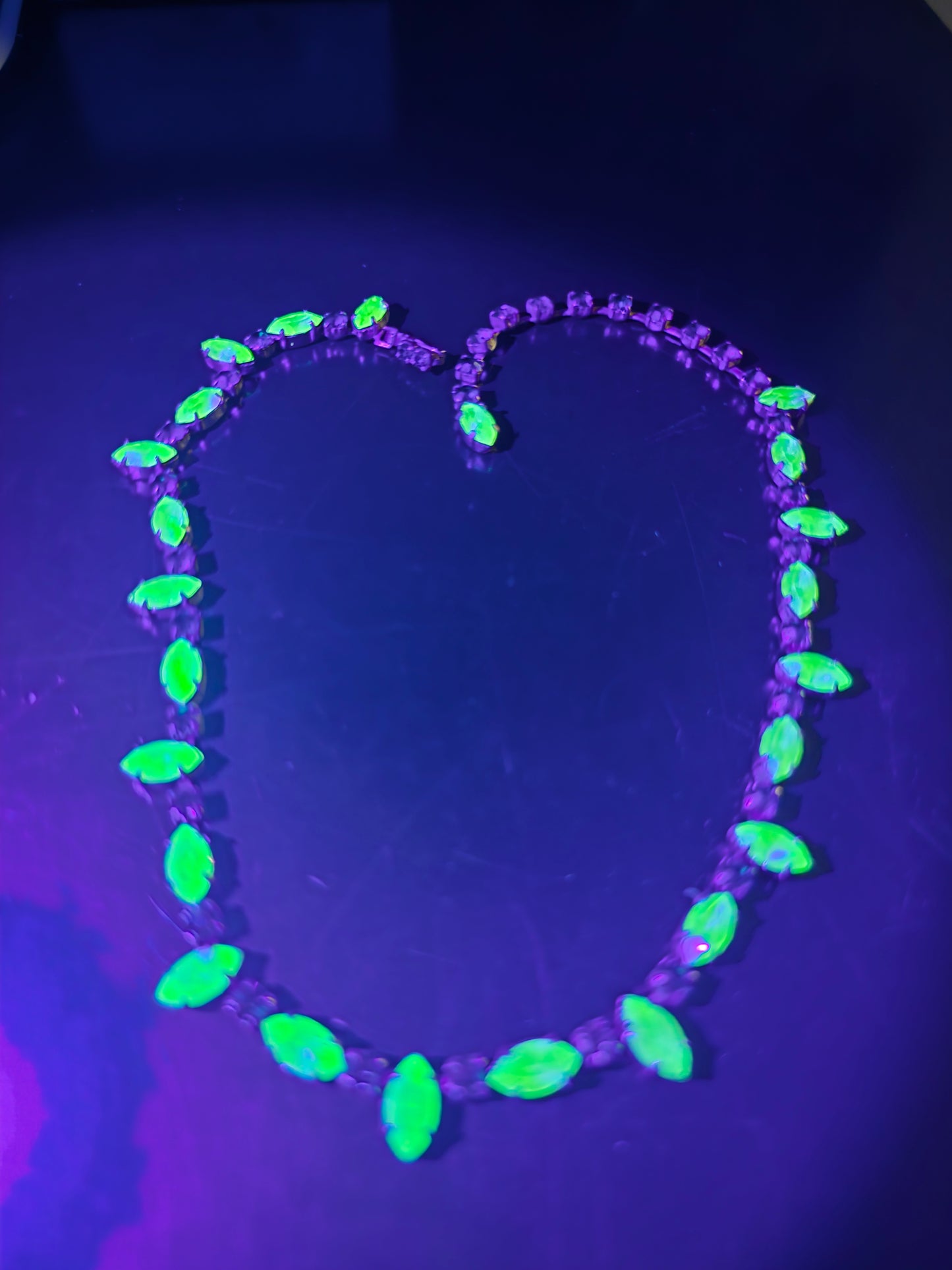 Emerald green and Uranium Glass rhinestone vintage mid century choker Necklace