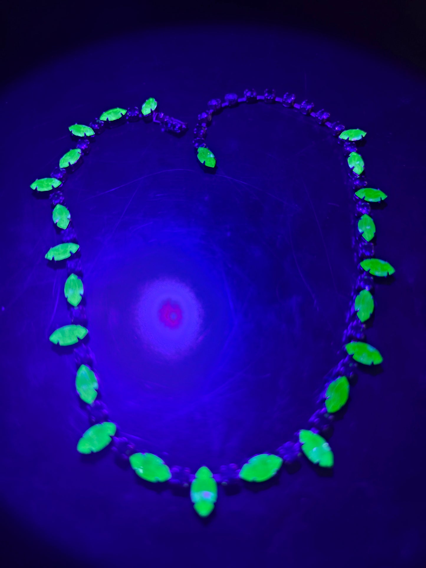Emerald green and Uranium Glass rhinestone vintage mid century choker Necklace