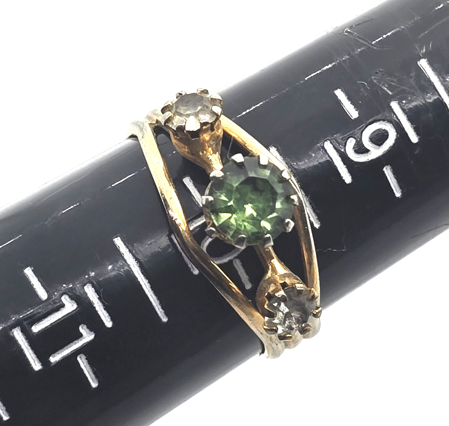 Uranium Glass UV glow vintage rhinestone gold toned adjustable costume ring