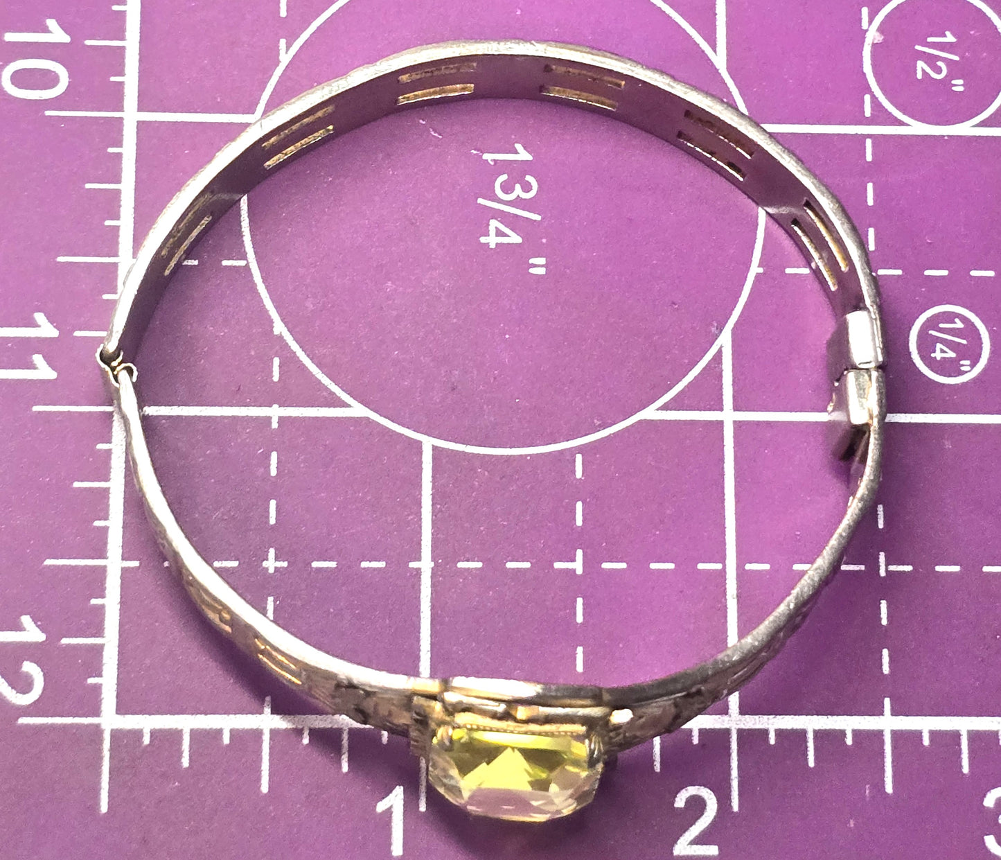 Art Deco yellow Vaseline Uranium glass Gold filled antique hinged bangle bracelet