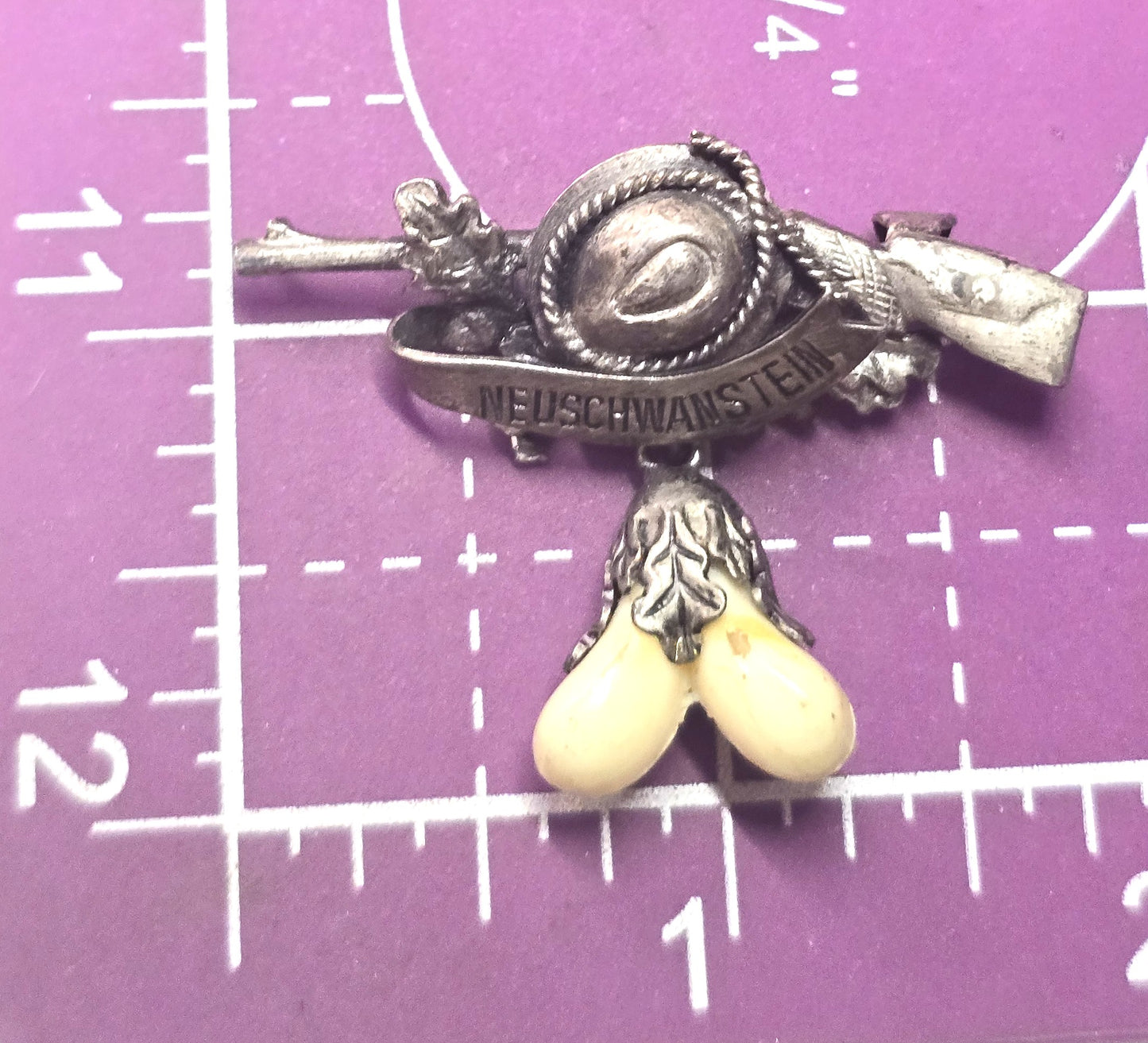 Vintage German Silver Neuschwanstein Rifle Hunting Brooch Grandel Boar Tusk brooch