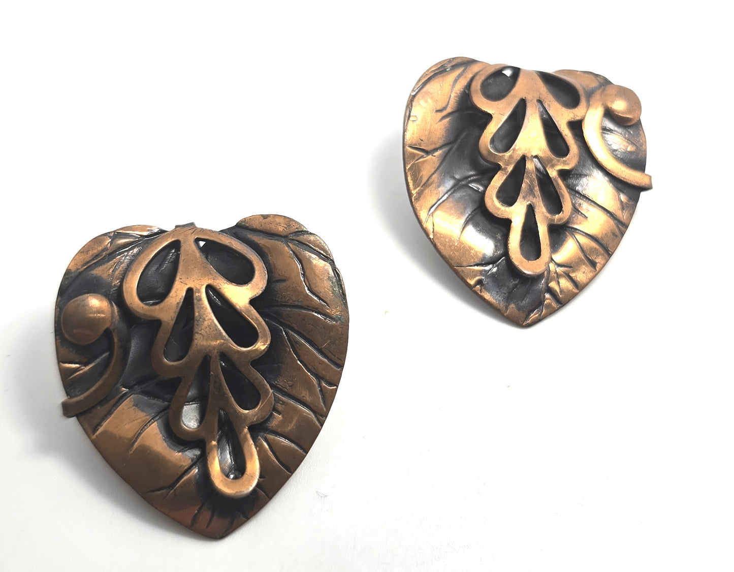 Mexican Copper Frank Rebajes Mid Century Modernist leaf  vintage clip on earrings