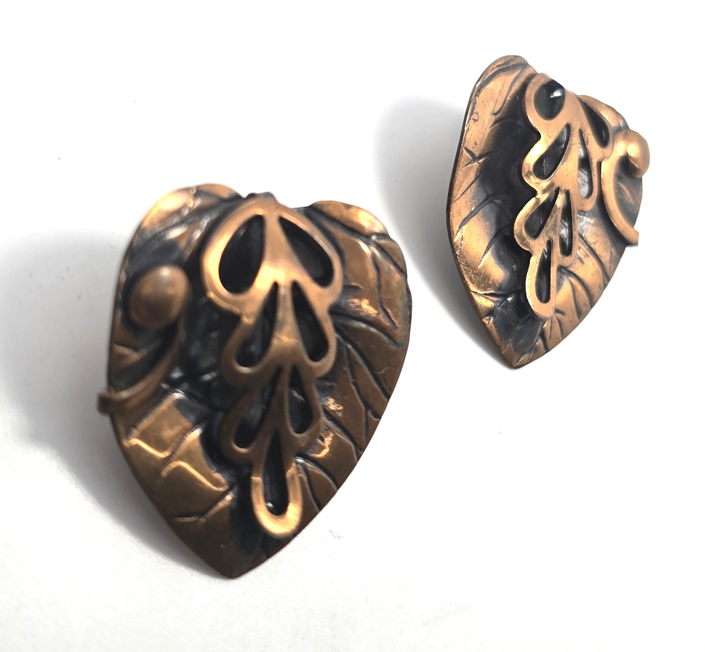 Mexican Copper Frank Rebajes Mid Century Modernist leaf  vintage clip on earrings