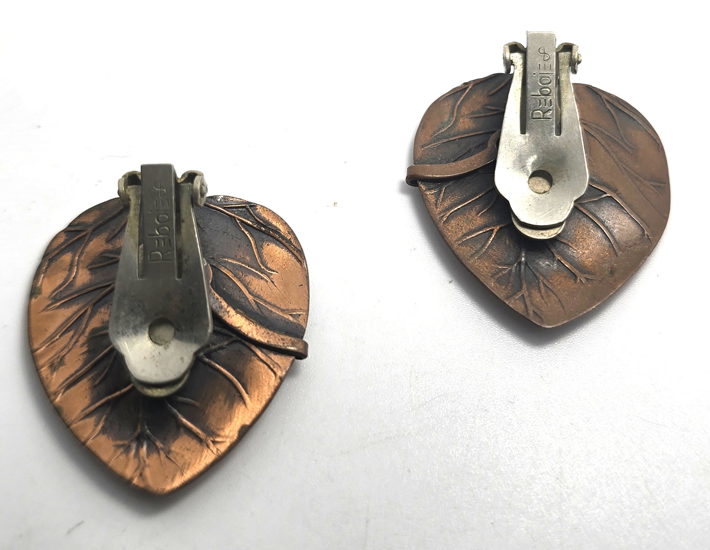 Mexican Copper Frank Rebajes Mid Century Modernist leaf  vintage clip on earrings