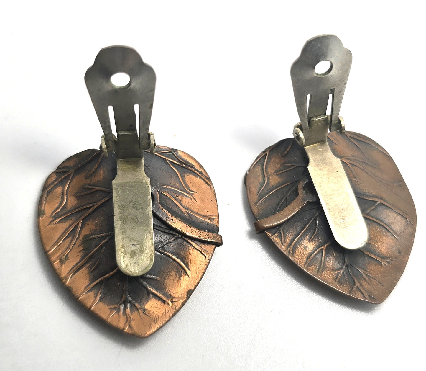Mexican Copper Frank Rebajes Mid Century Modernist leaf  vintage clip on earrings