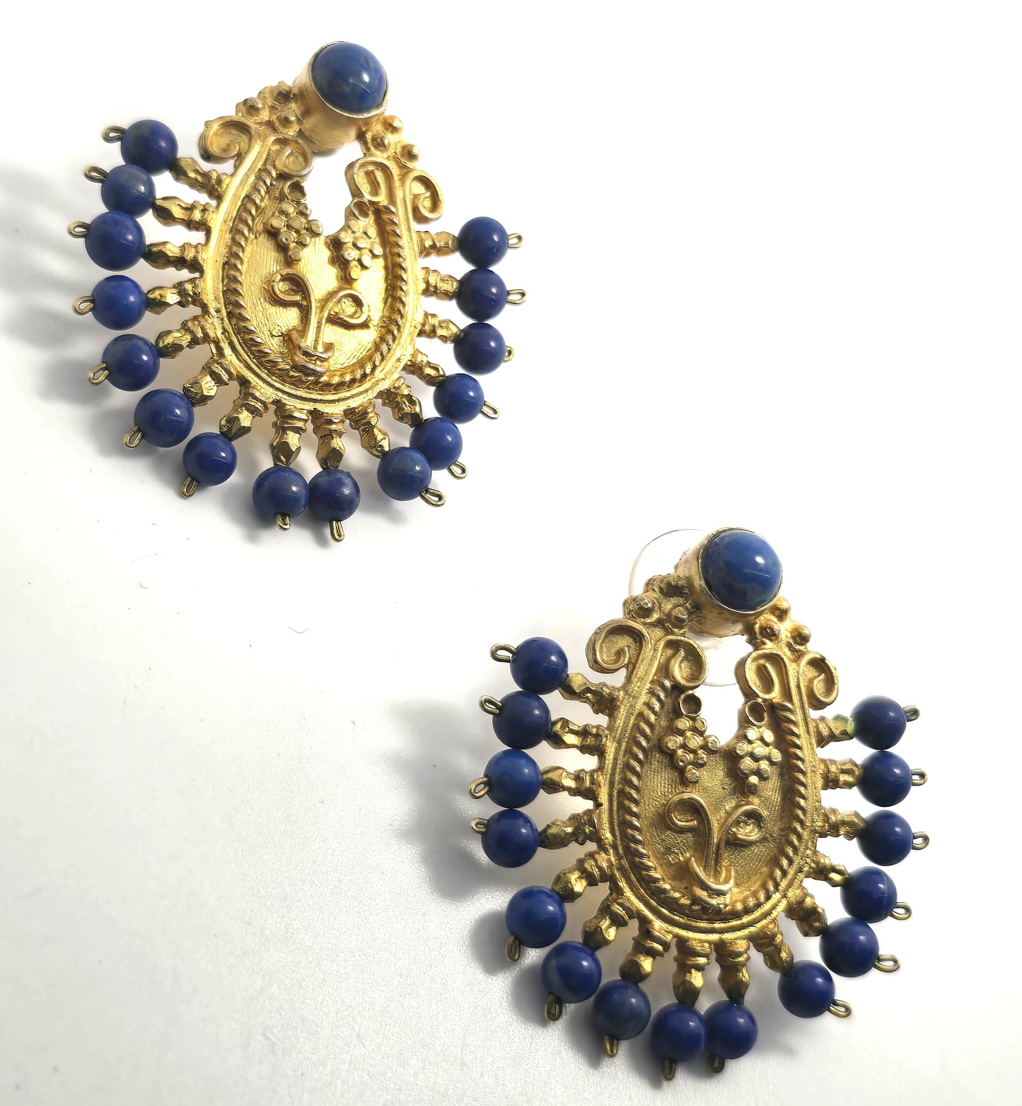 Ottoman style dyed dark blue quartz Turkish gold over sterling silver harem earrings