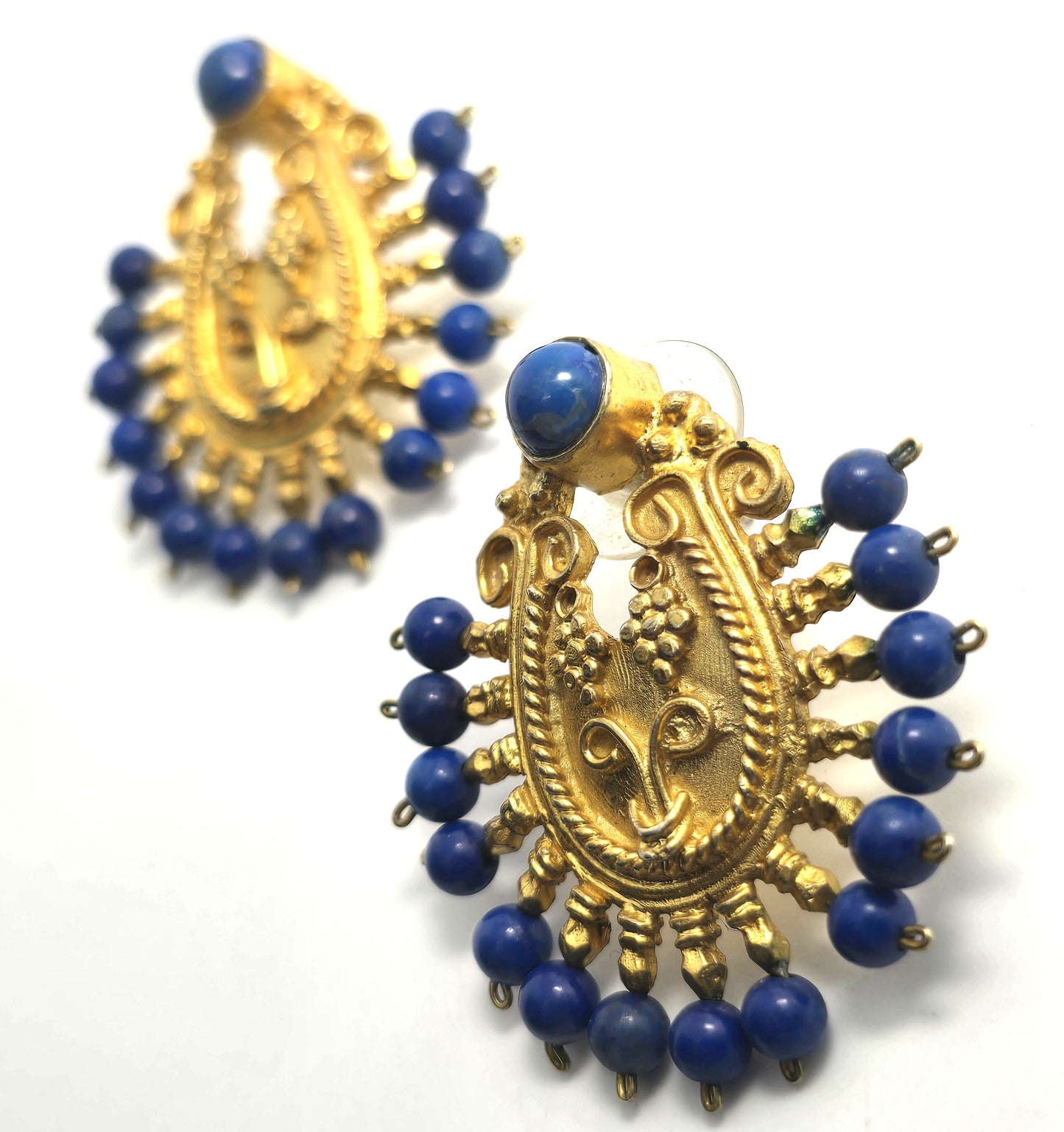 Ottoman style dyed dark blue quartz Turkish gold over sterling silver harem earrings
