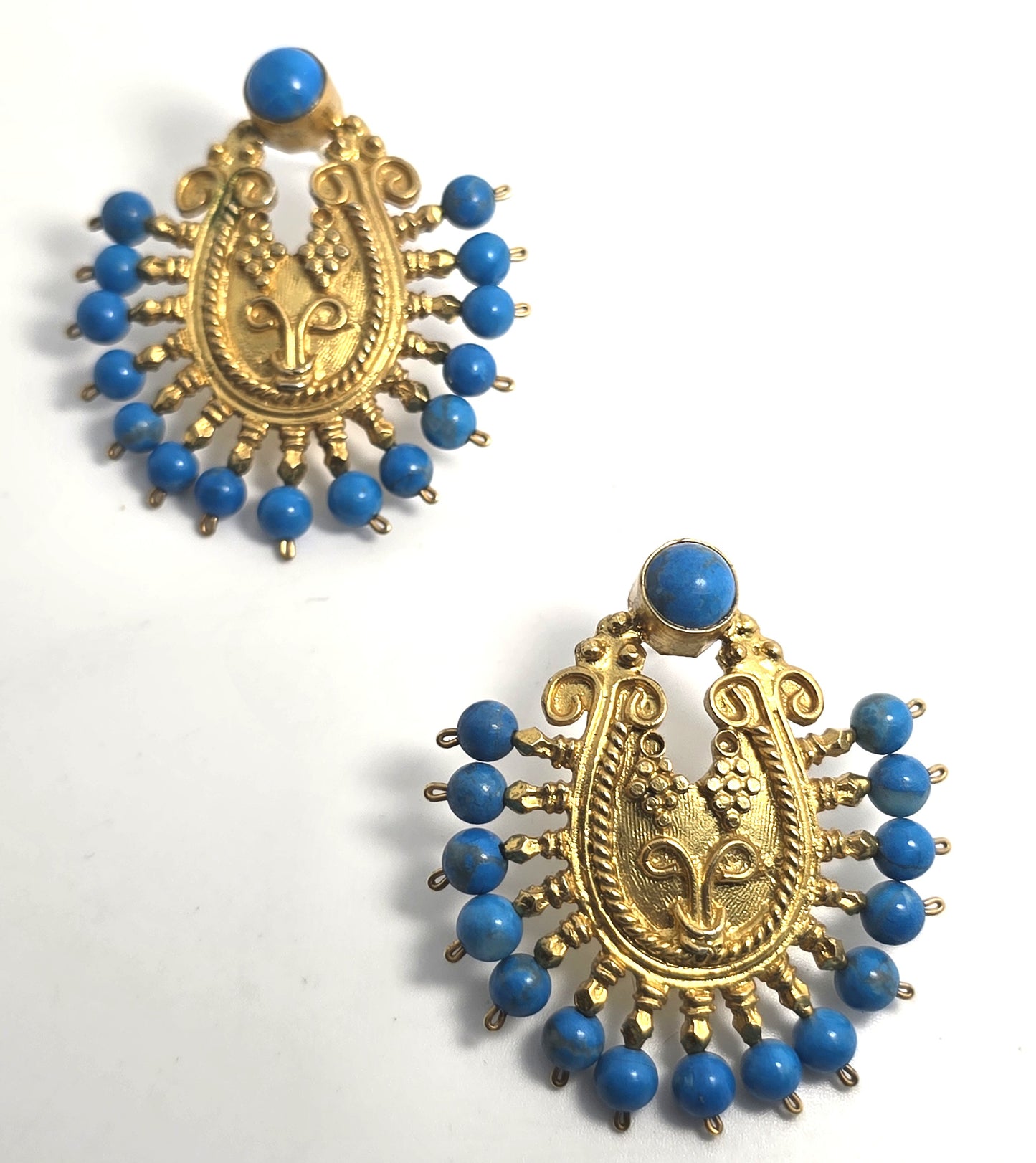 Ottoman style dyed teal blue quartz Turkish gold over sterling silver harem earrings