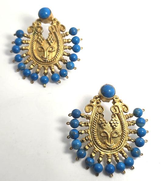 Ottoman style dyed teal blue quartz Turkish gold over sterling silver harem earrings