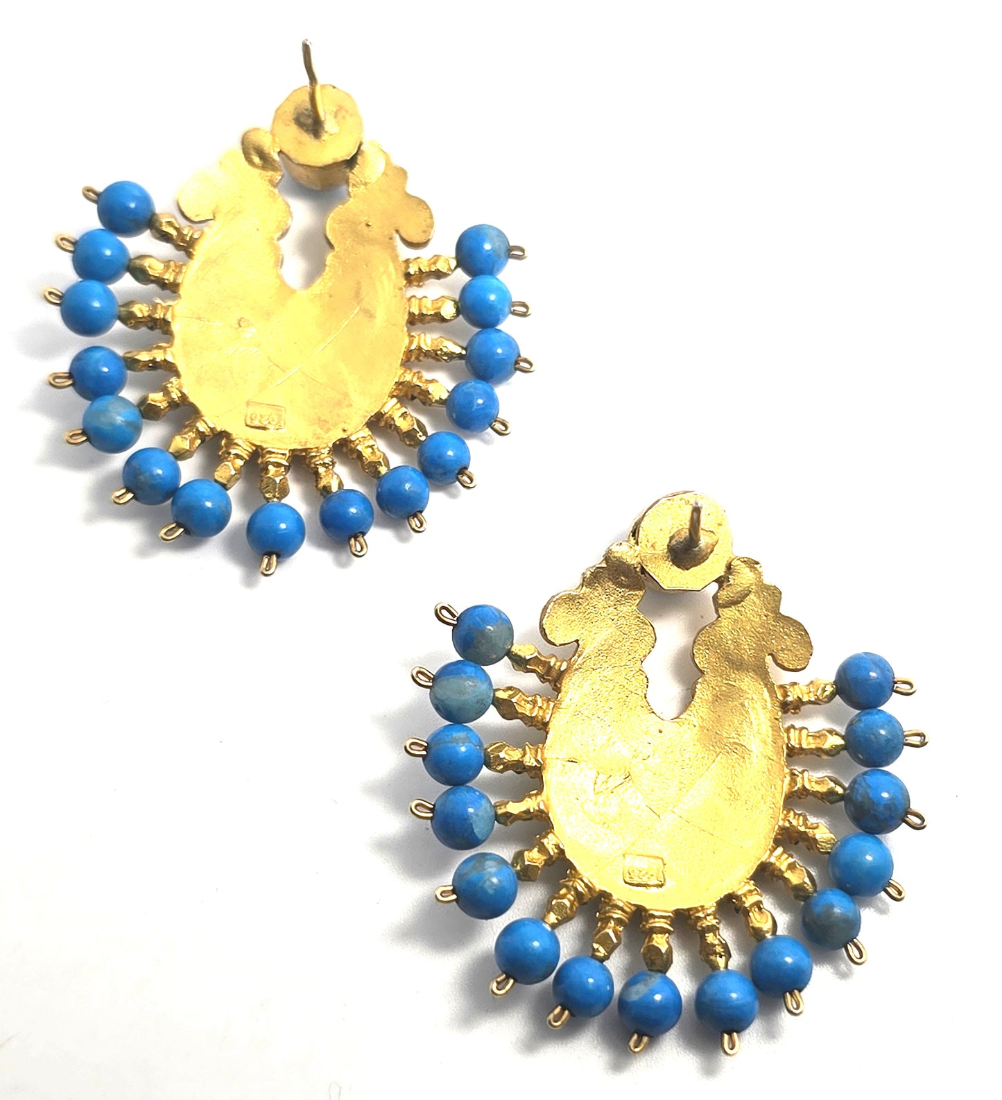 Ottoman style dyed teal blue quartz Turkish gold over sterling silver harem earrings
